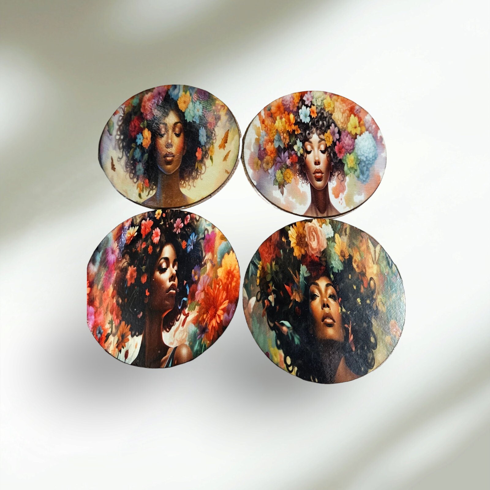 Afrocentric Wood Coasters, Set Of four, Home Decor,Round African print coasters view 3