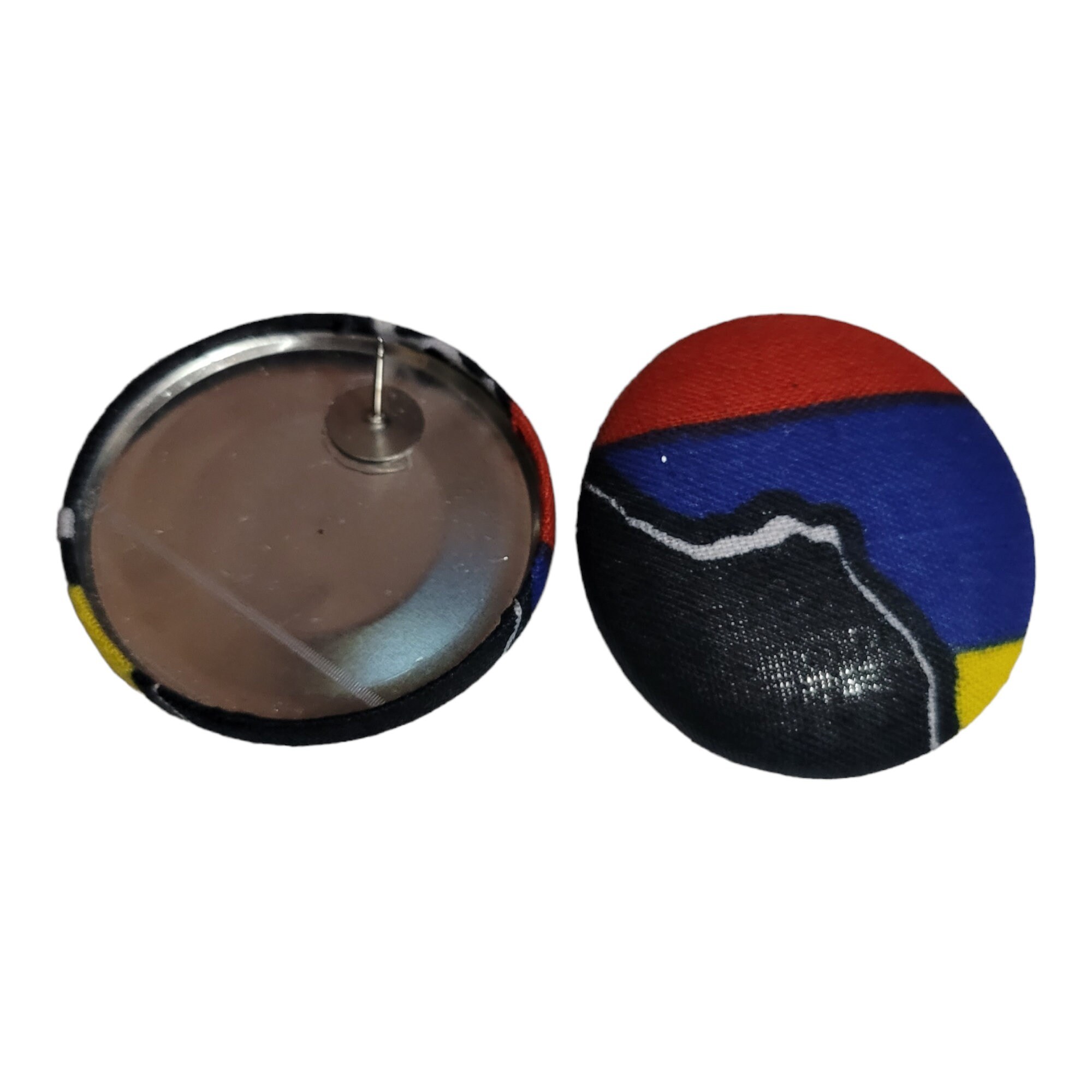 African Fabric covered button earrings made with hypoallergenic stainless Post view 3