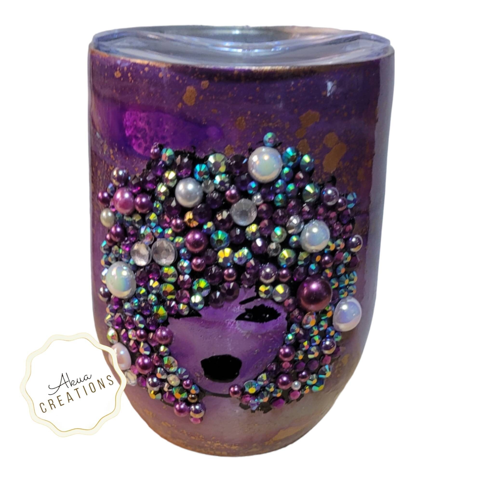 Bling Stemless Wine Tumbler, Rhinestone Insulated Wine Cup 20oz, Glitter Wine Tumbler, Black Woman Birthday Gift, Custom Melanin Tumbler view 3