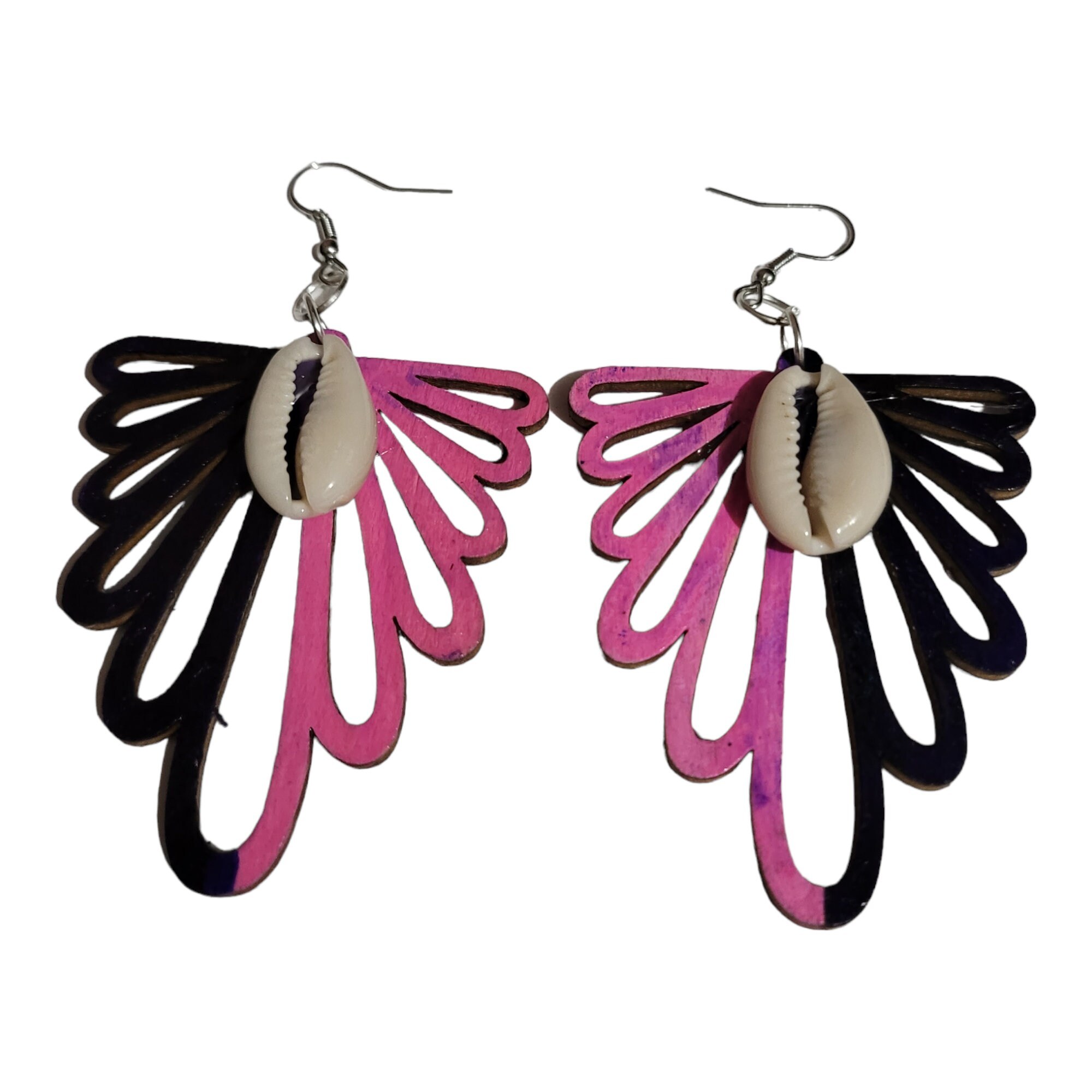 Purple and Pink Handpainted with Cowrie Shell Earrings Hoop Earrings, Dangle Earrings, Ethnic Earrings, view 2