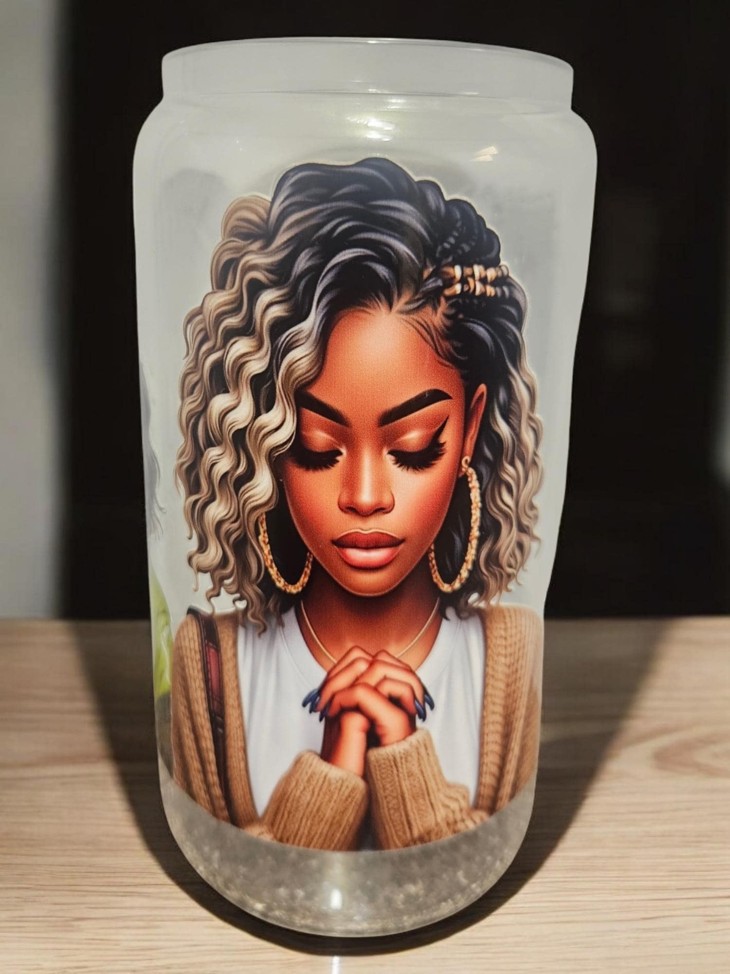 PRAYING WOMAN ,BeerCan,Glass,Ice Coffee Glass,Housewarming Gift, Afrocentric, Afro view 2