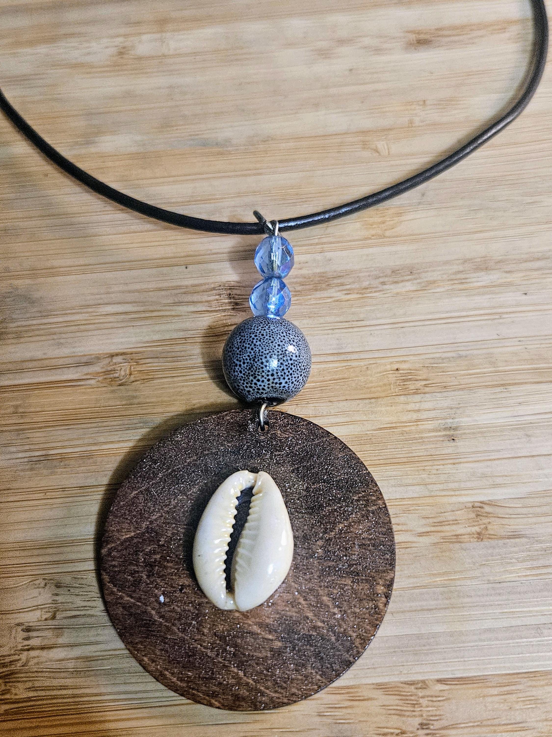 Handmade Round Wood Necklace with leather cord view 2