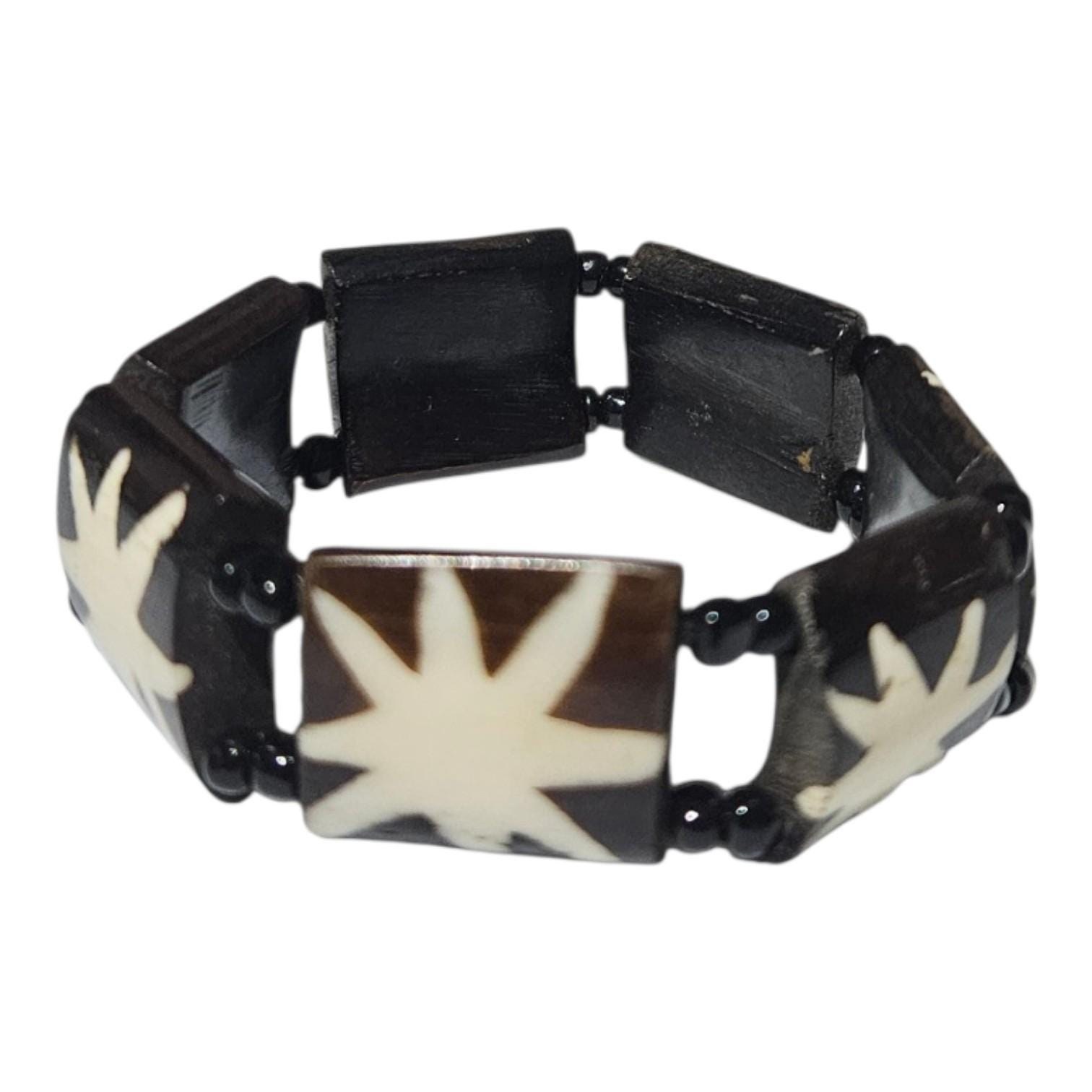 Black Cream Batik Tribal Bold Pattern African Mudcloth Design Stretch Bone Bracelet view 4