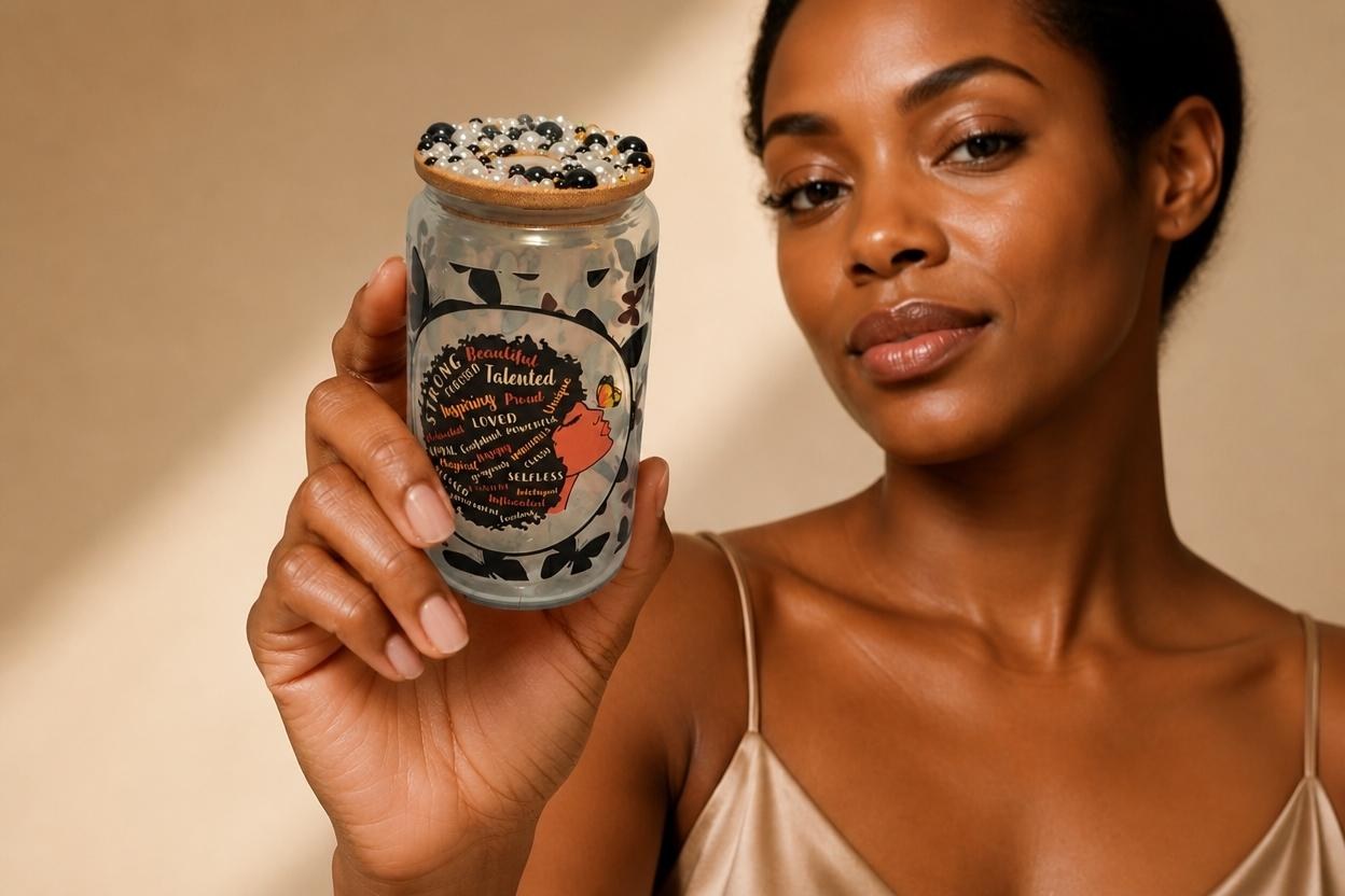Black Woman is BeerCan,Glass,Ice Coffee Glass,Housewarming Gift, Afrocentric, Afro,bling view 2