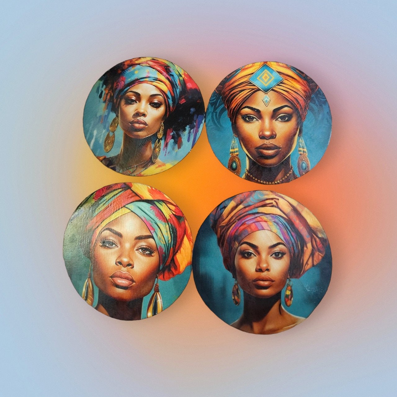 Afrocentric Wood Coasters, Set Of four, Home Decor,Round African print coasters