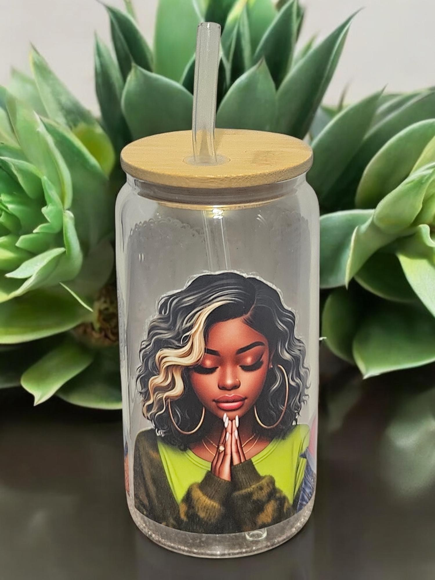 PRAYING WOMAN ,BeerCan,Glass,Ice Coffee Glass,Housewarming Gift, Afrocentric, Afro view 2