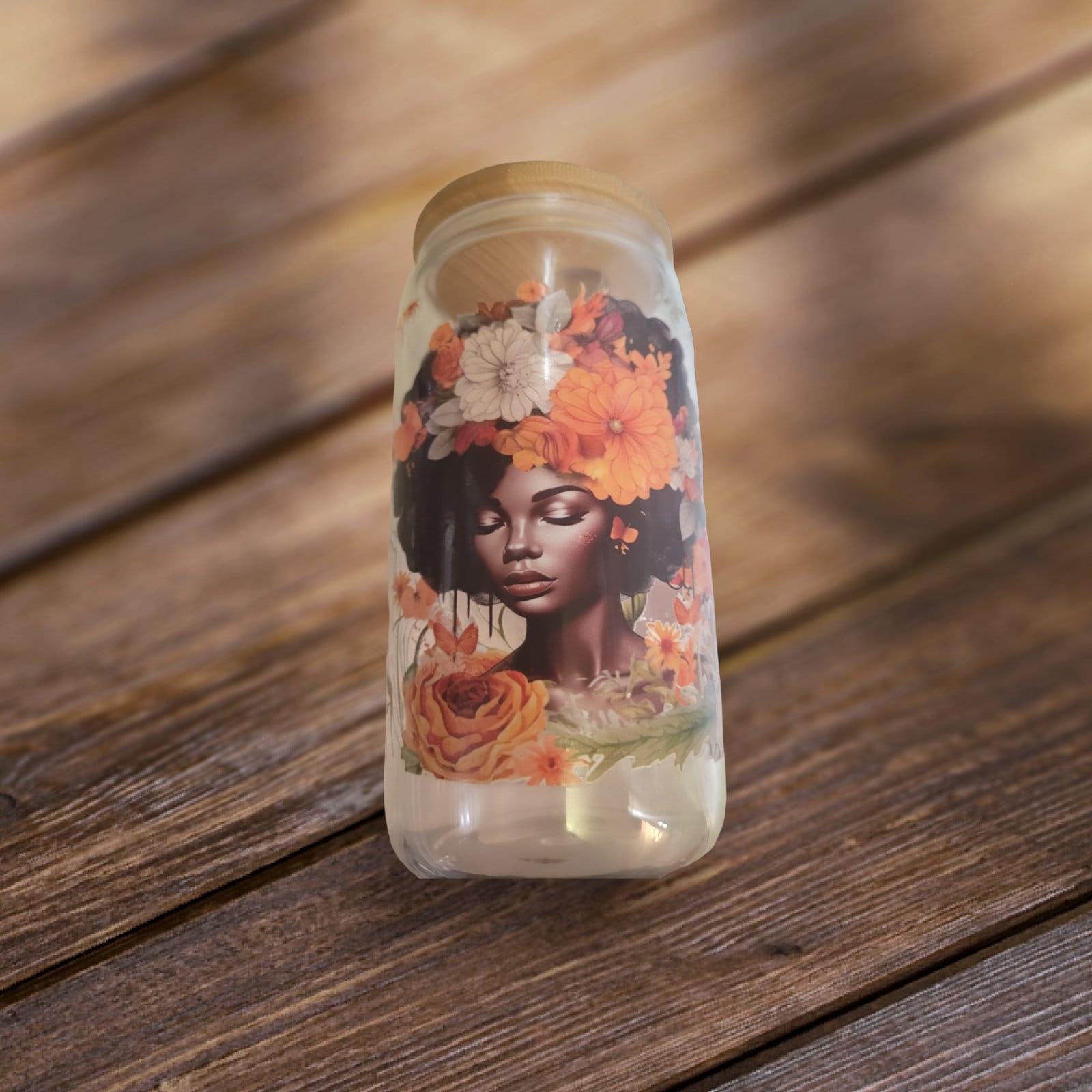 Aftoocentric Woman Sunflower ,BeerCan,Glass,Ice Coffee Glass,Housewarming Gift, Afrocentric, Afro,bling view 2