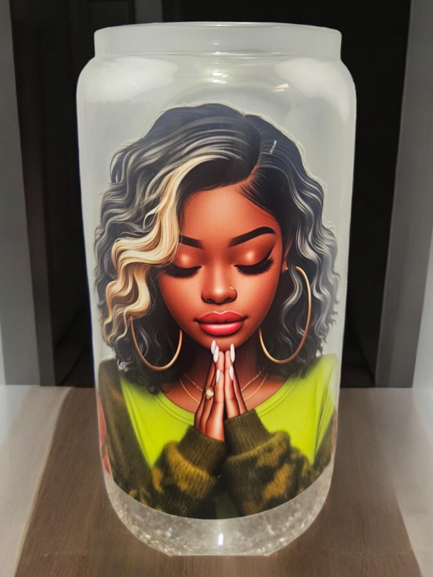 PRAYING WOMAN ,BeerCan,Glass,Ice Coffee Glass,Housewarming Gift, Afrocentric, Afro