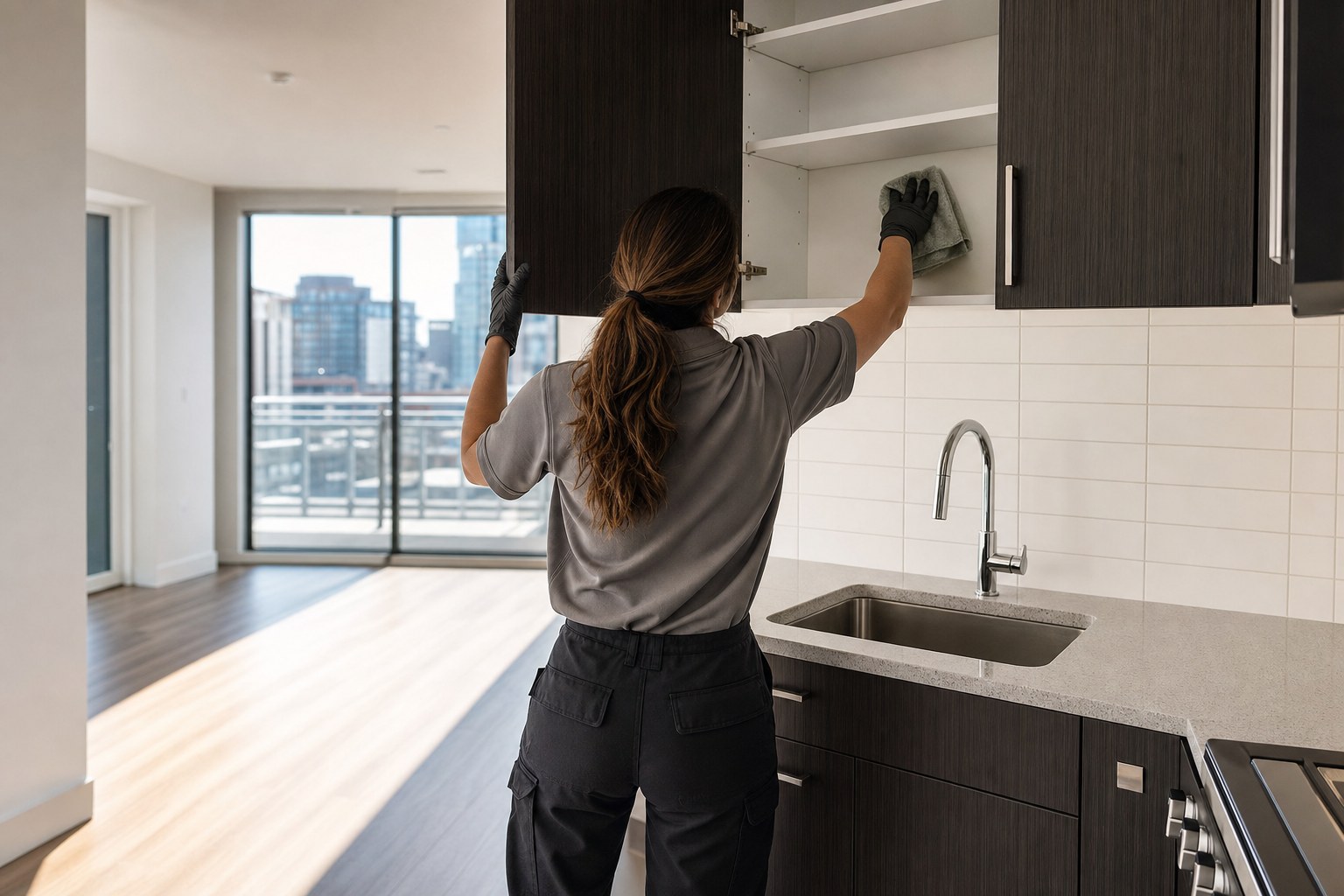 Cleaner detailing the inside of an apartment kitchen cabinet