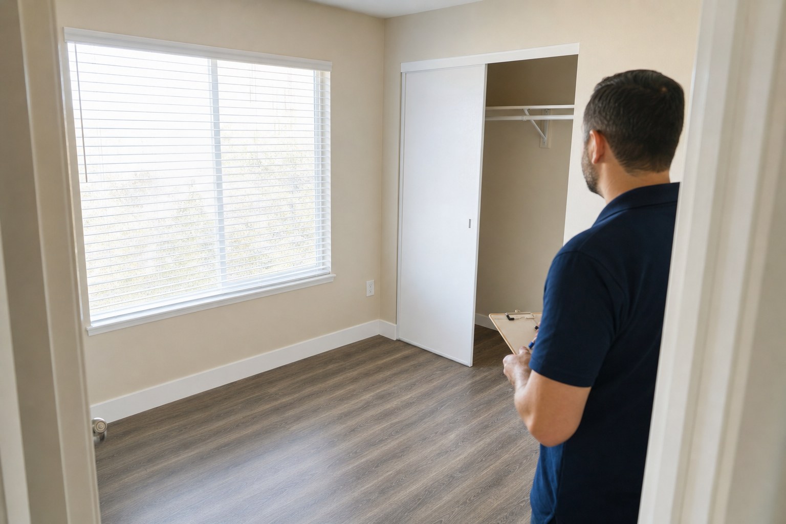 Property manager reviewing a vacant apartment bedroom before move-in