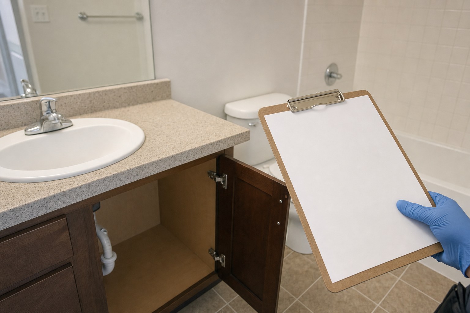 Vacant apartment bathroom inspection with an open vanity cabinet