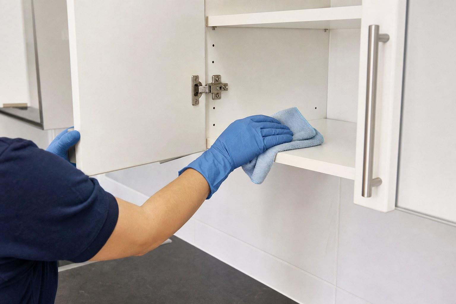 Cleaner wiping the inside shelf of an apartment kitchen cabinet