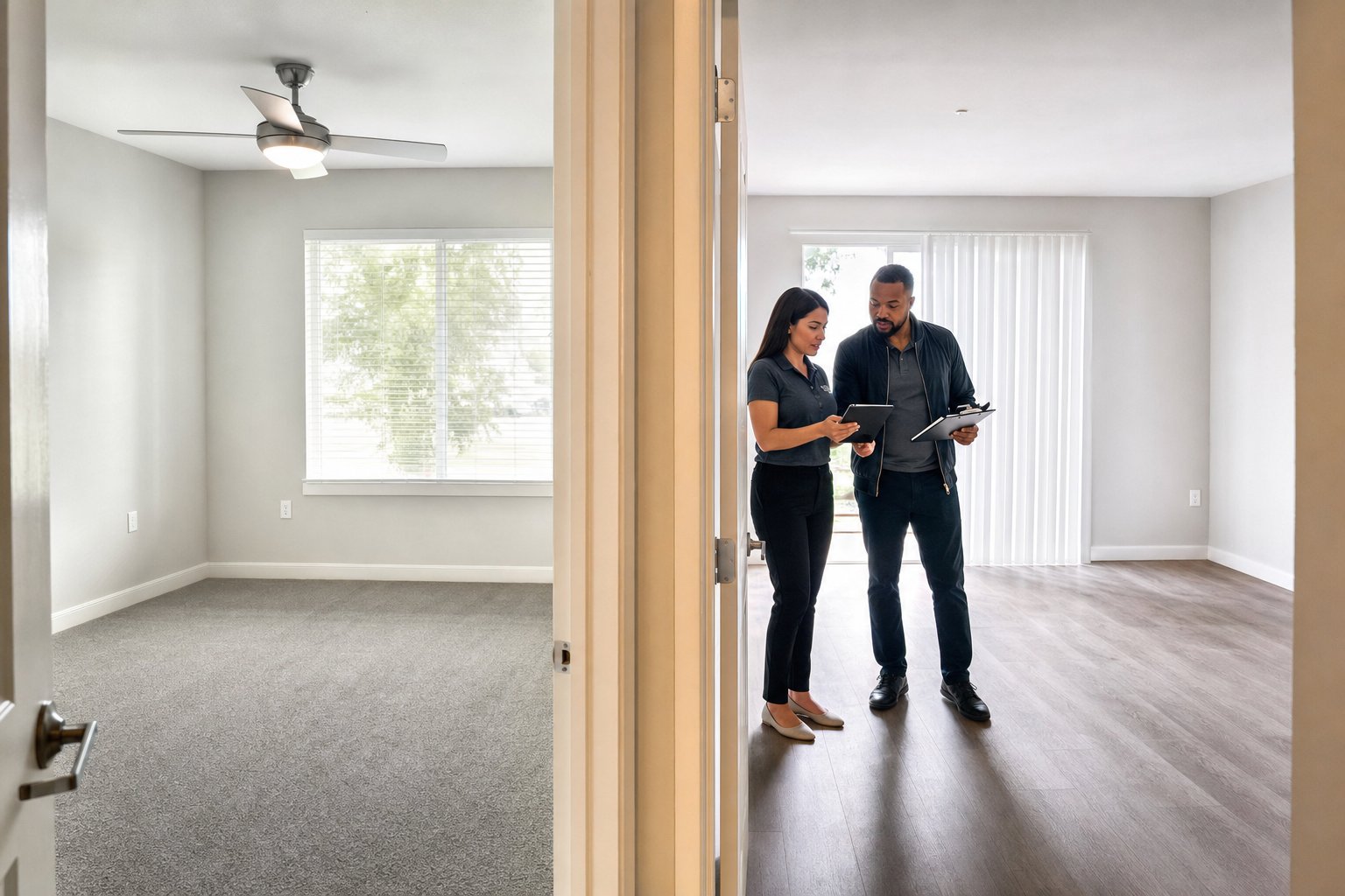 Property team members completing a final walkthrough of a vacant apartment