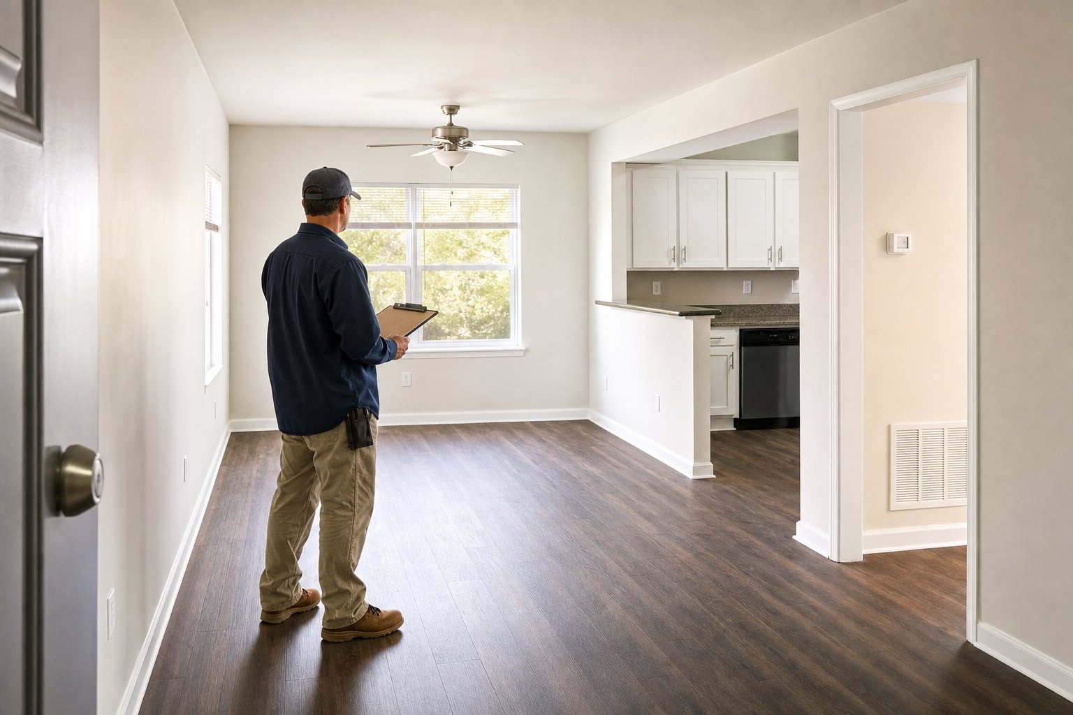 Maintenance coordinator inspecting a clean vacant apartment with a clipboard