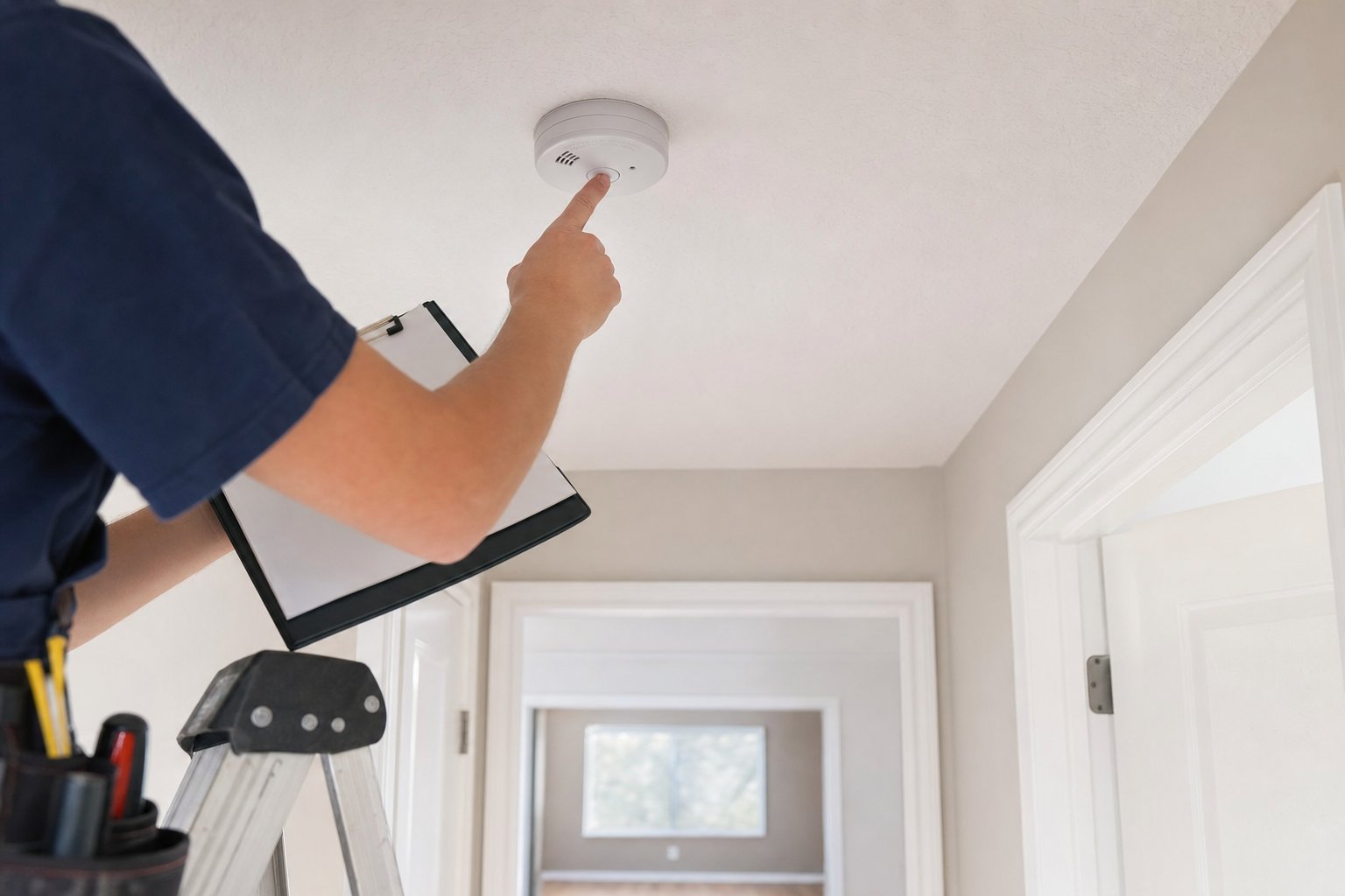 Maintenance worker testing a smoke alarm in a vacant apartment hallway