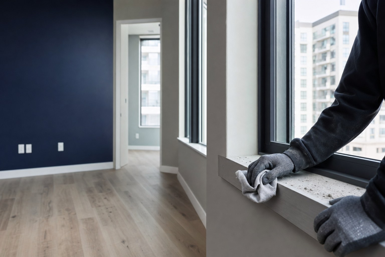Detailed cleaning of a newly completed apartment interior