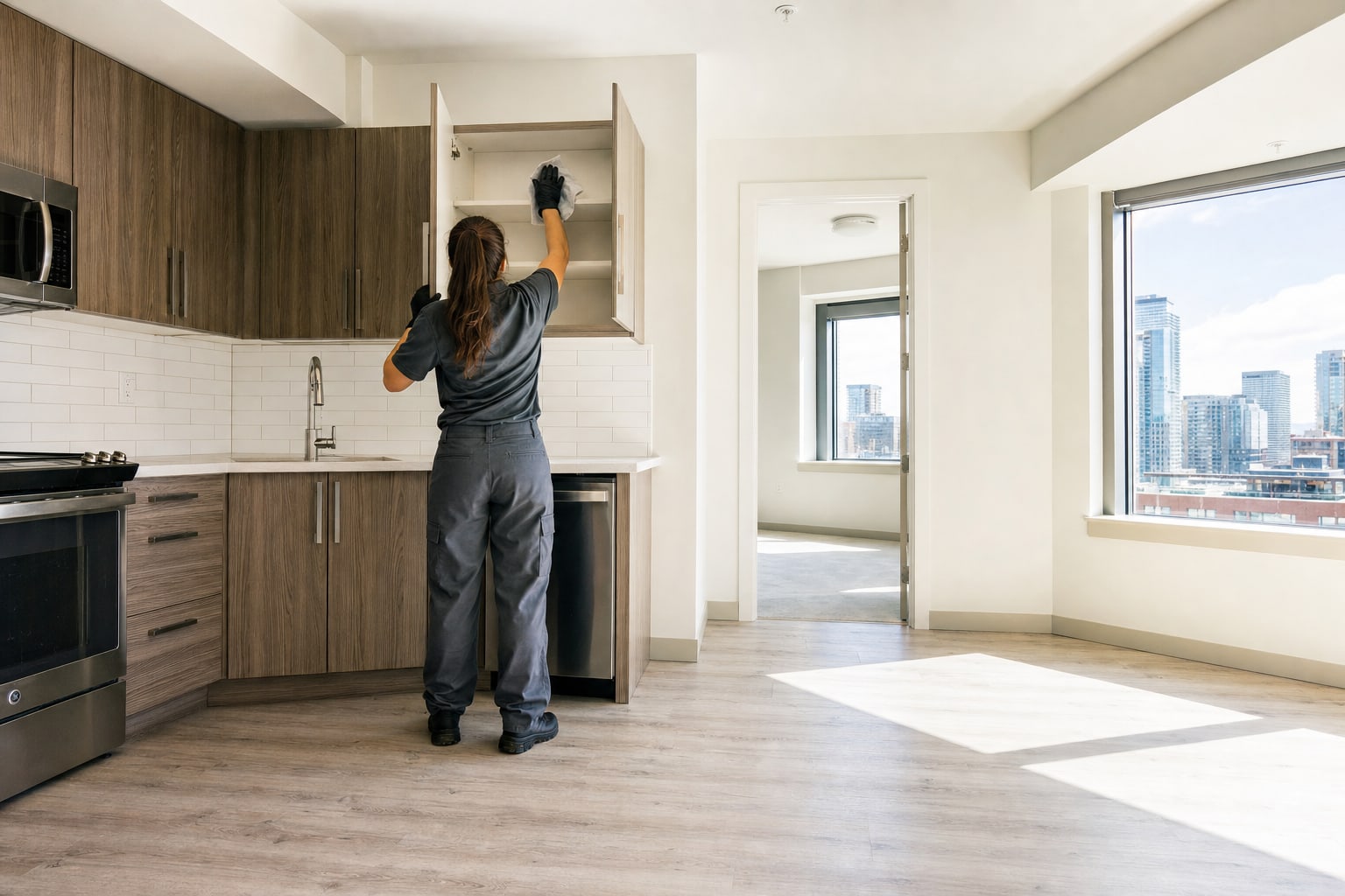 Professional cleaner detailing an empty Denver apartment kitchen