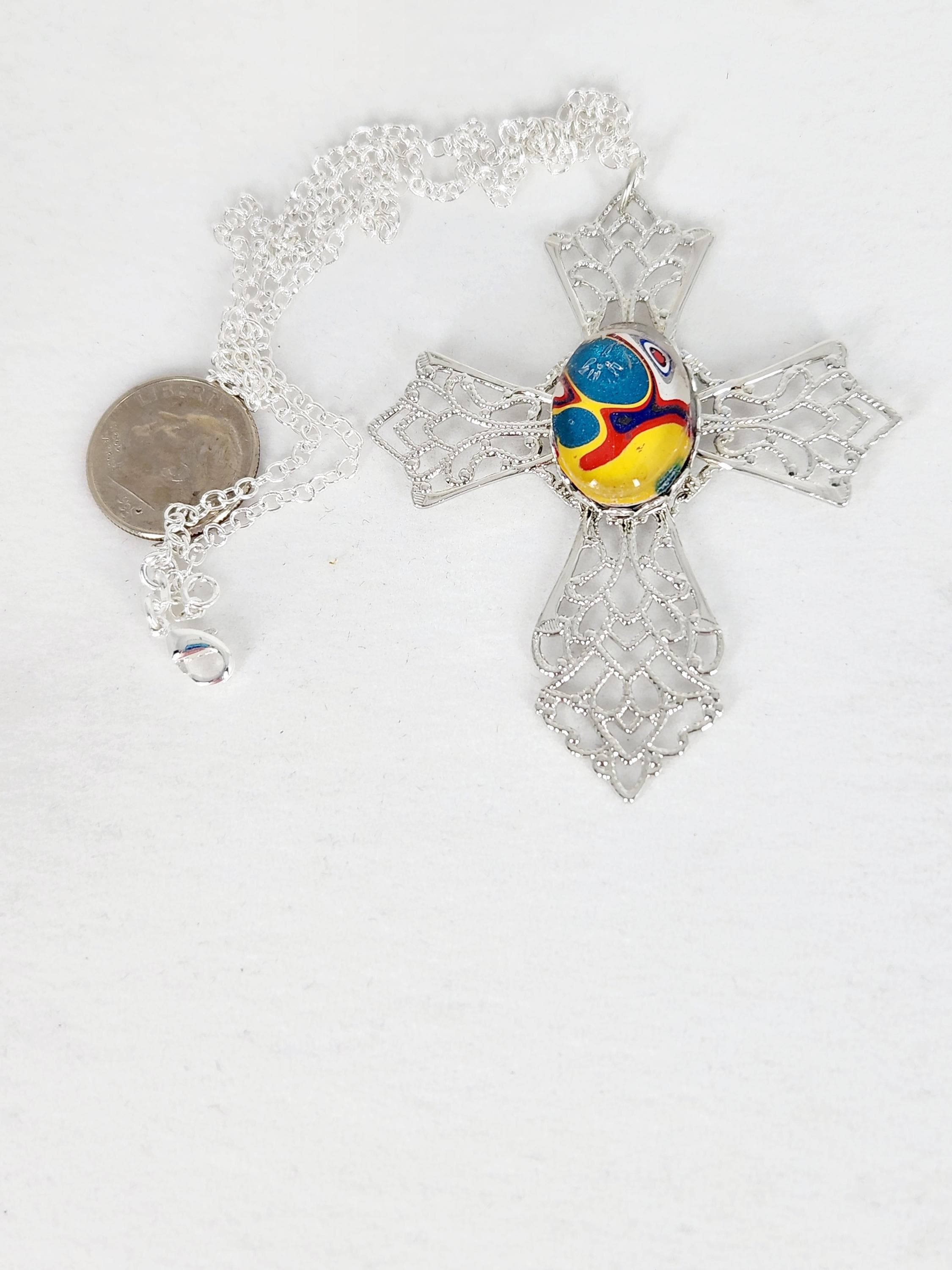 Fordite Silver Tone Cross Cabochon, Necklace, Pendant, Religious Gift