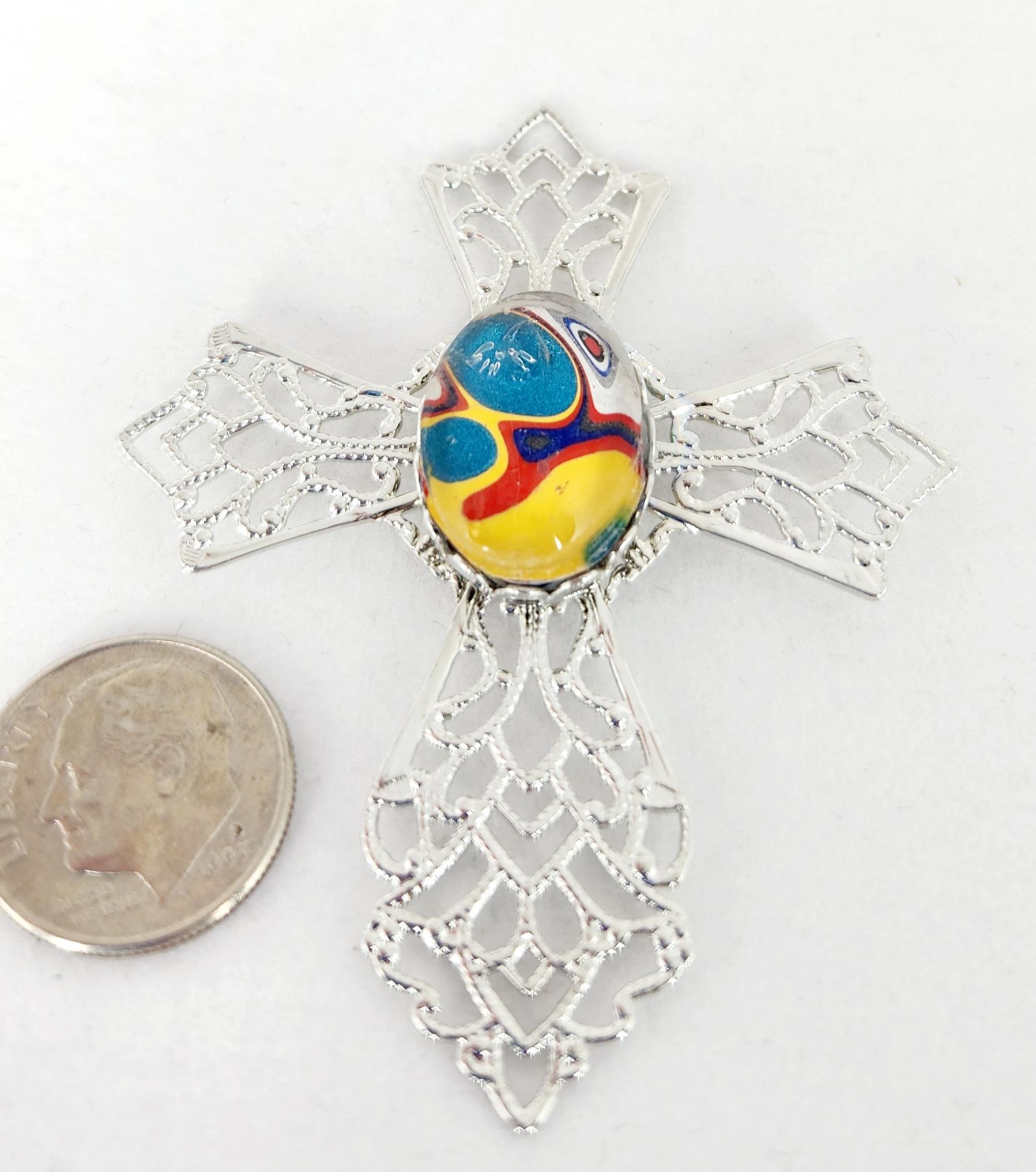 Fordite Silver Tone Cross Cabochon, Necklace, Pendant, Religious Gift, view 2