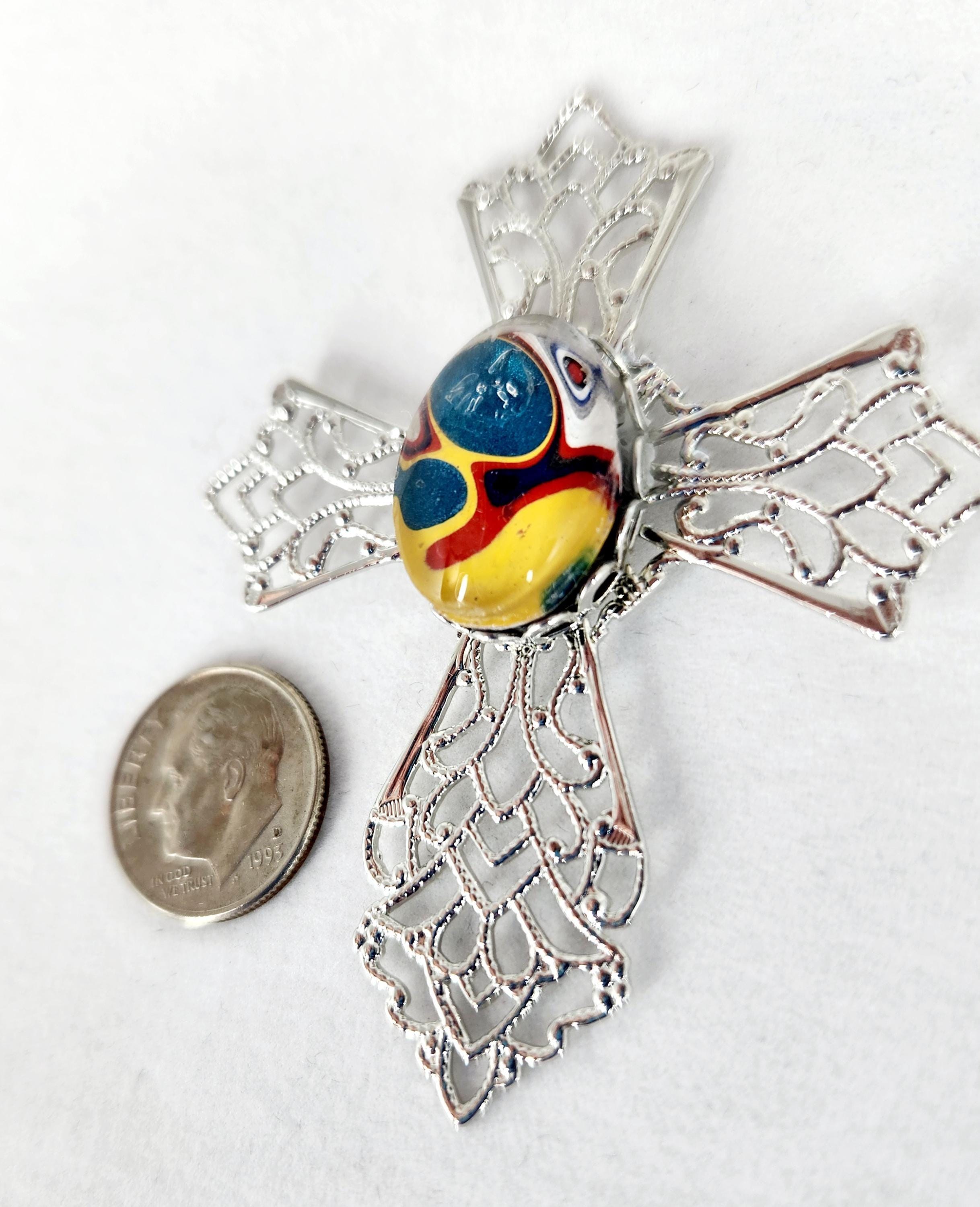 Fordite Silver Tone Cross Cabochon, Necklace, Pendant, Religious Gift, view 3