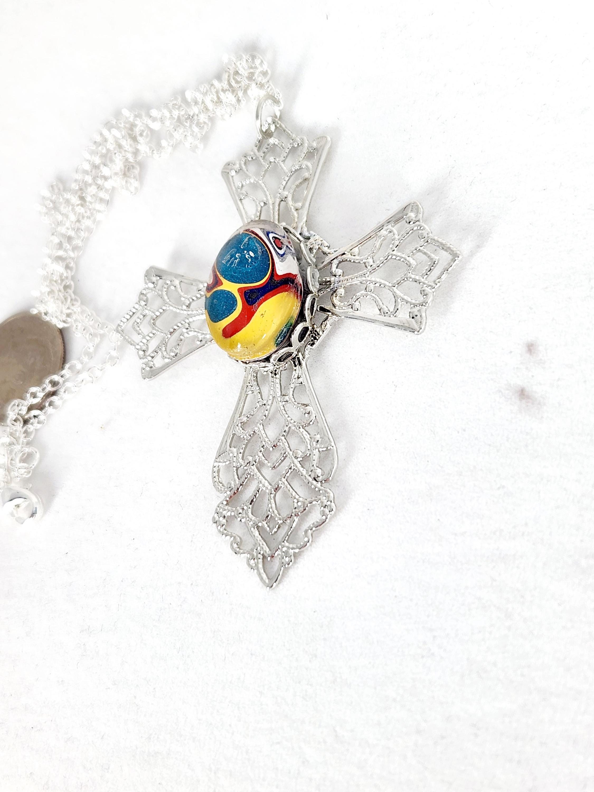 Fordite Silver Tone Cross Cabochon, Necklace, Pendant, Religious Gift, view 5