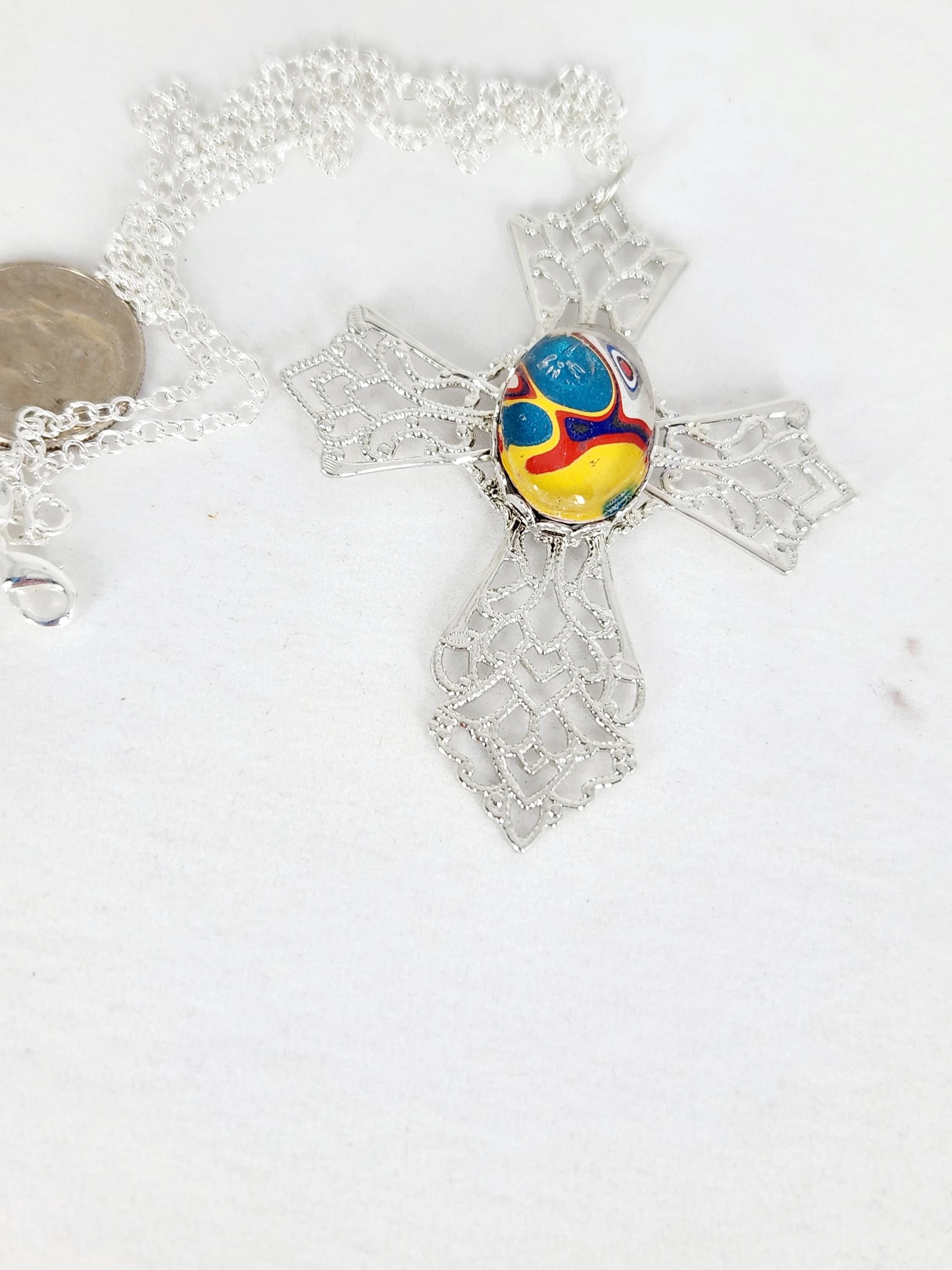 Fordite Silver Tone Cross Cabochon, Necklace, Pendant, Religious Gift, view 6