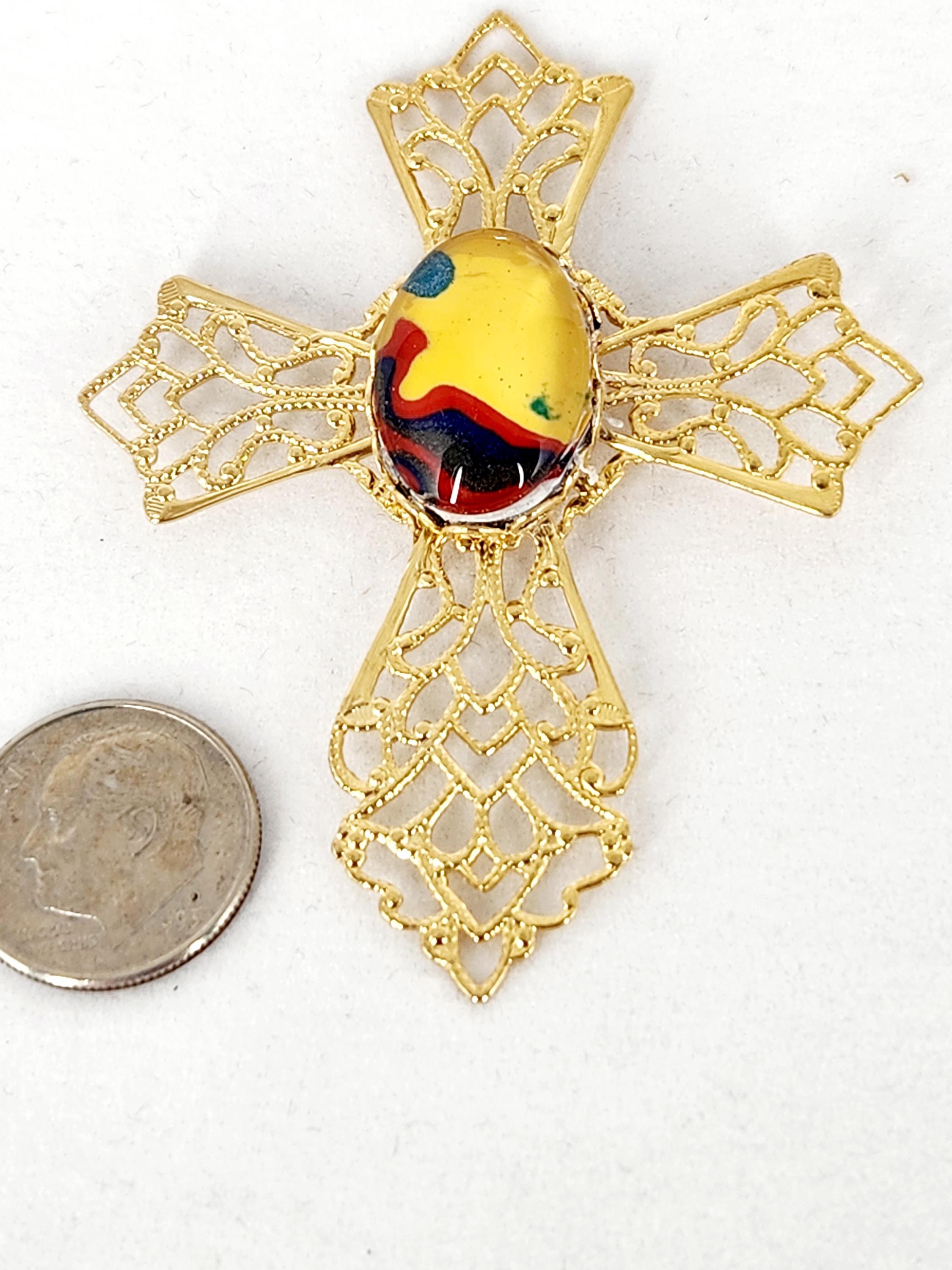 Fordite Gold Cross with Cabochon: Religious Jewelry, Necklace, Pendant, Religious Gift, view 2