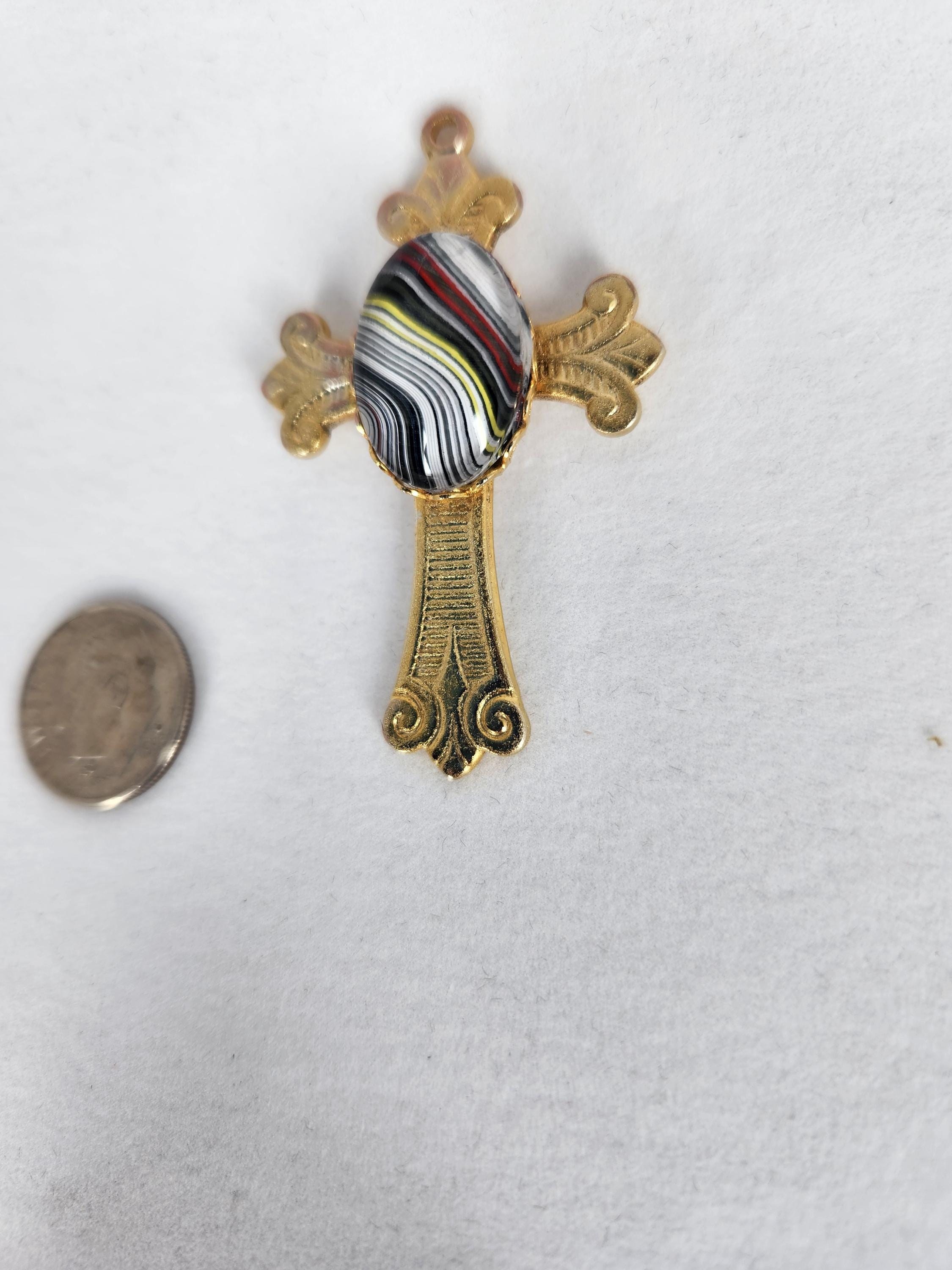 Fordite Gold Cross Pendant with Cabochon, Necklace, Pendant, Religious Gift, view 2