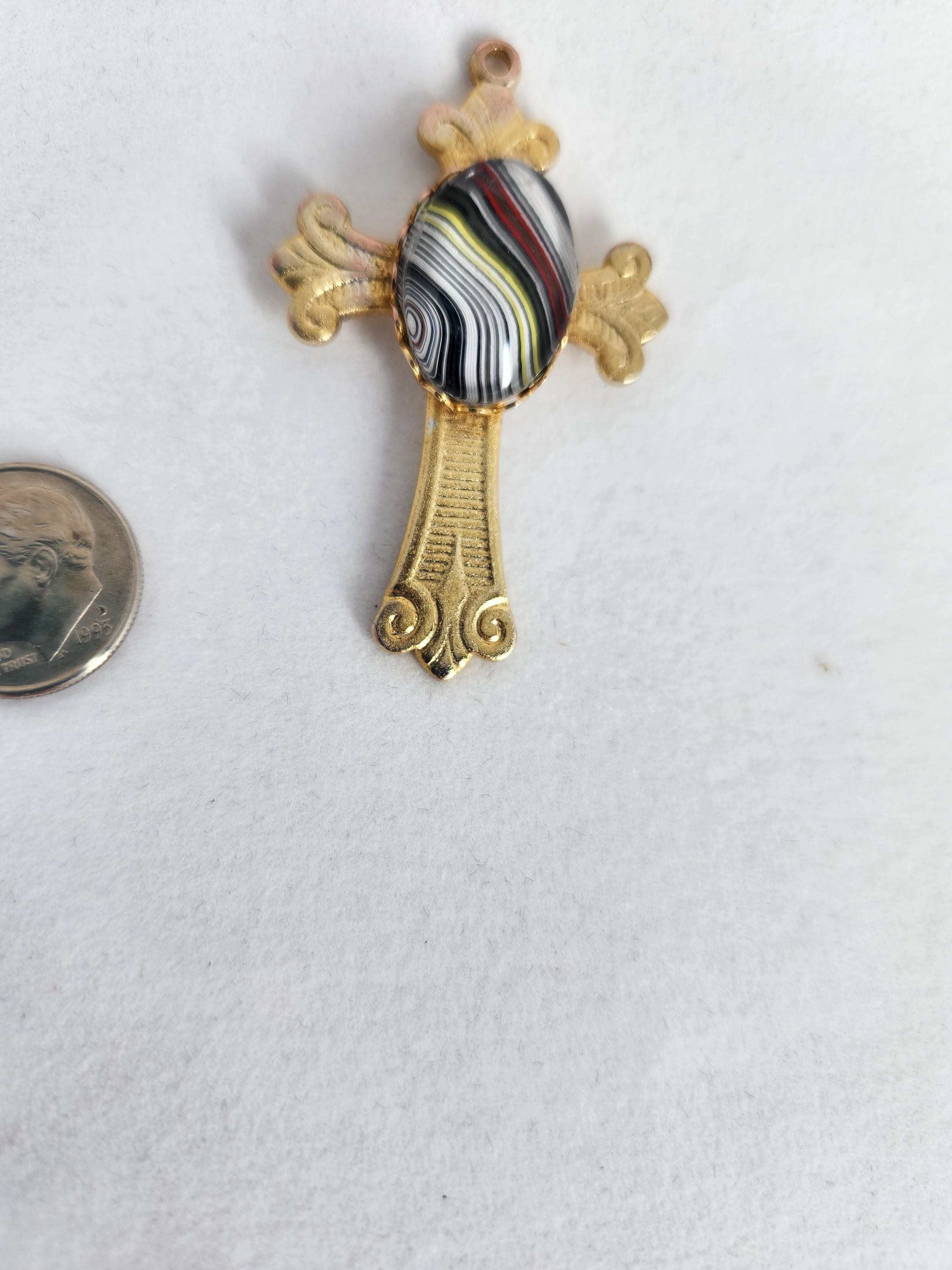 Fordite Gold Cross Pendant with Cabochon, Necklace, Pendant, Religious Gift, view 4