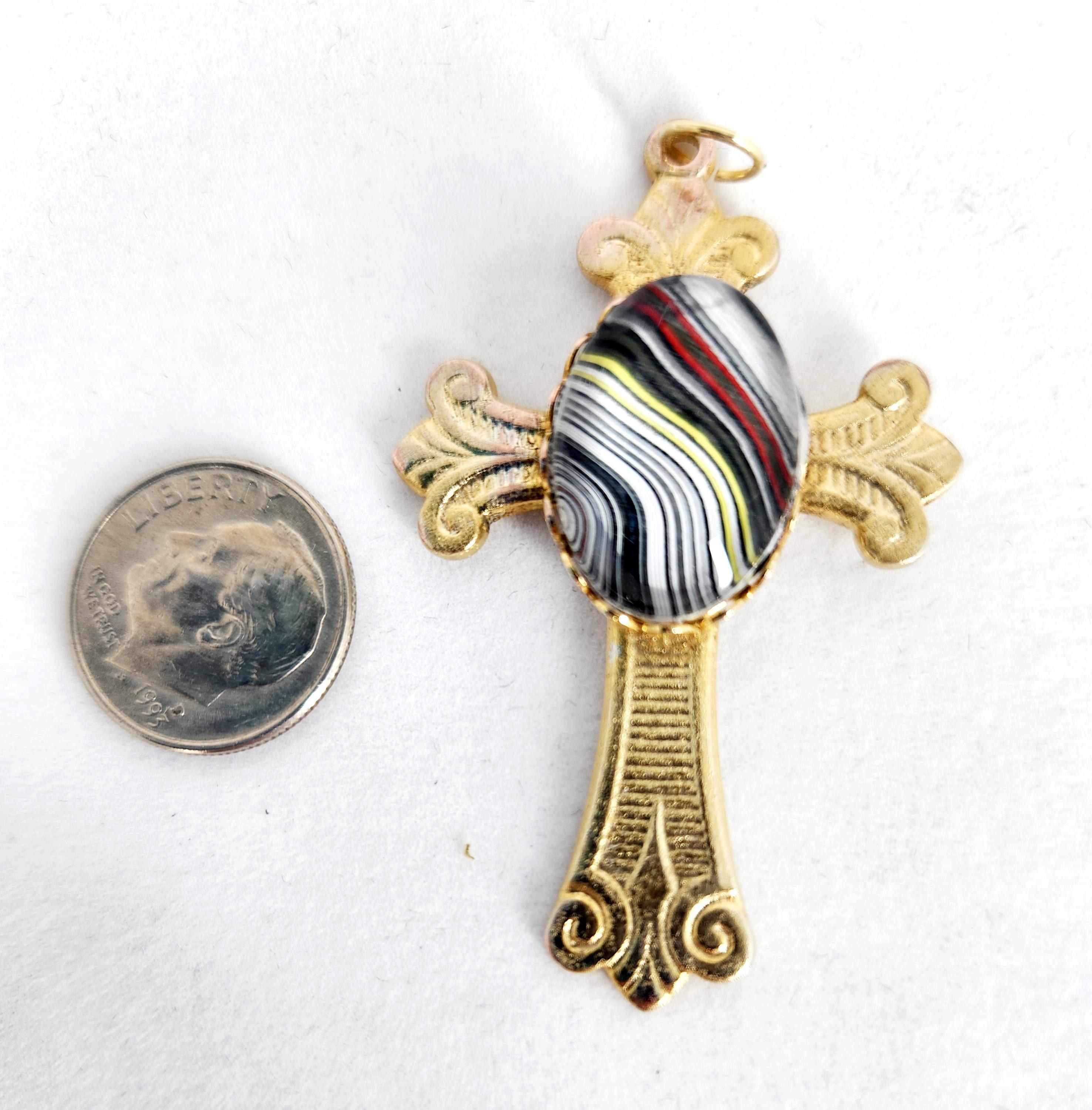 Fordite Gold Cross Pendant with Cabochon, Necklace, Pendant, Religious Gift, view 5