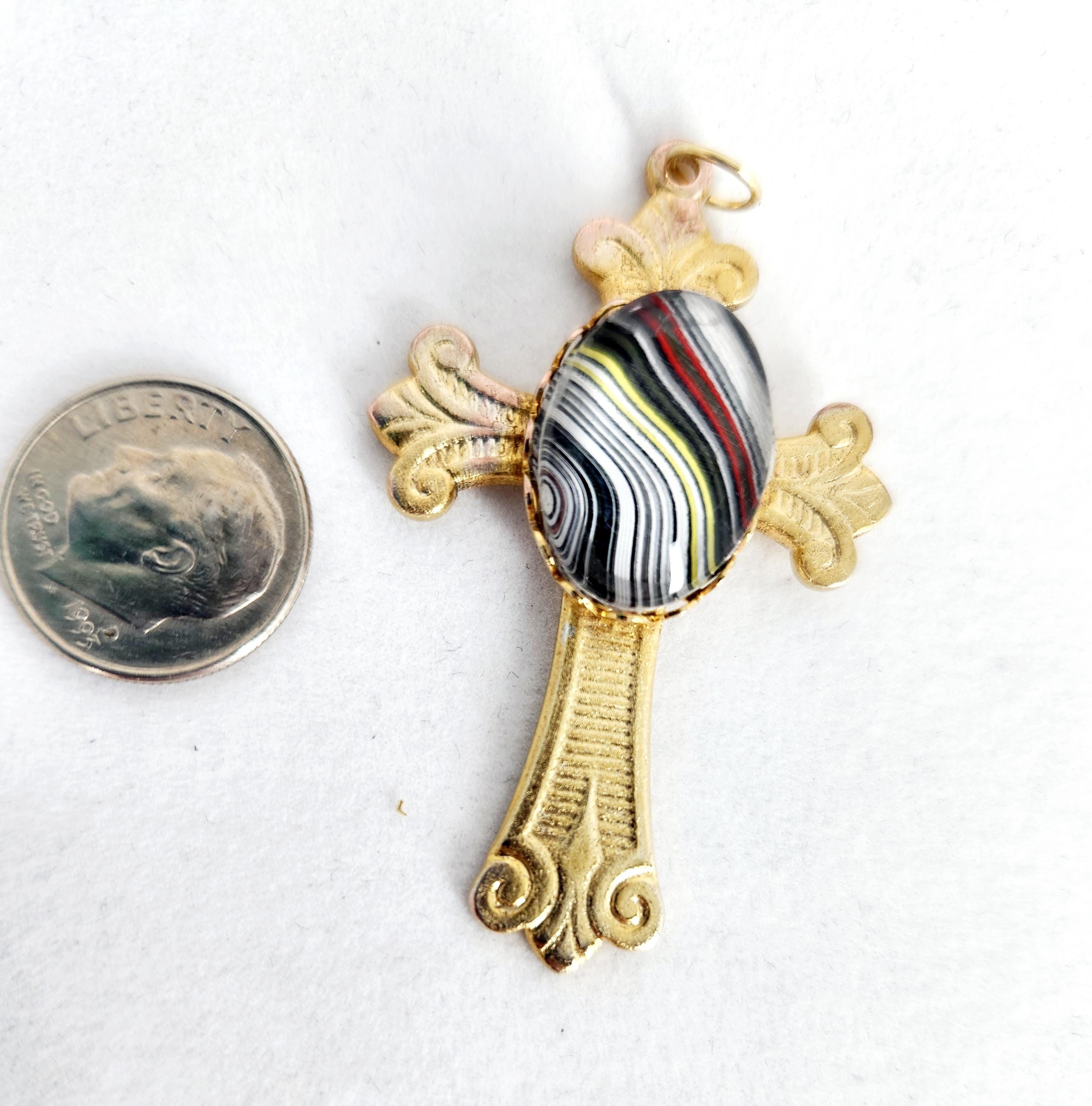 Fordite Gold Cross Pendant with Cabochon, Necklace, Pendant, Religious Gift, view 6