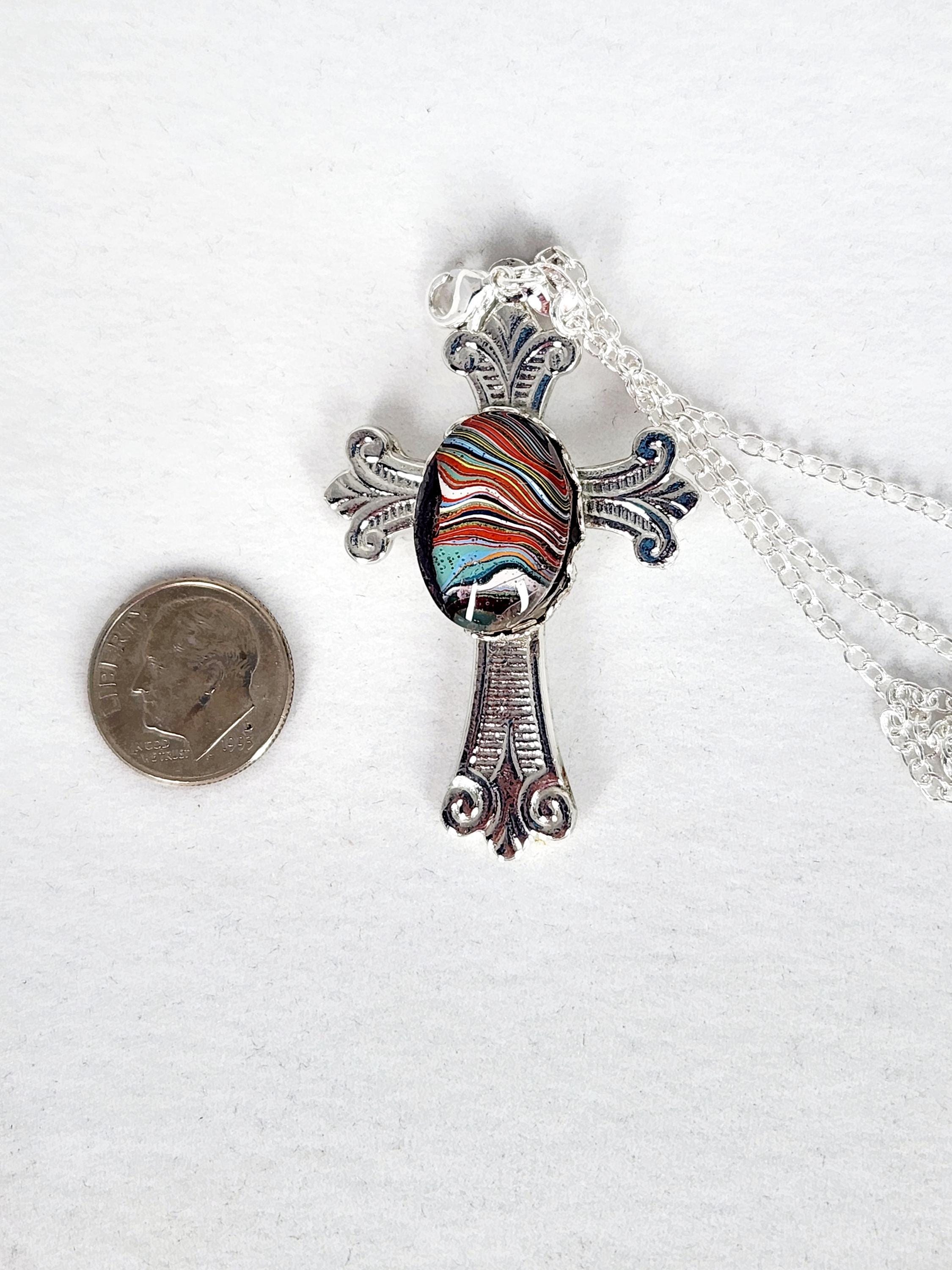 Fordite Cross: Chevy Bel Air Paint Cabochon, Silver Charm, Necklace, Pendant, view 2