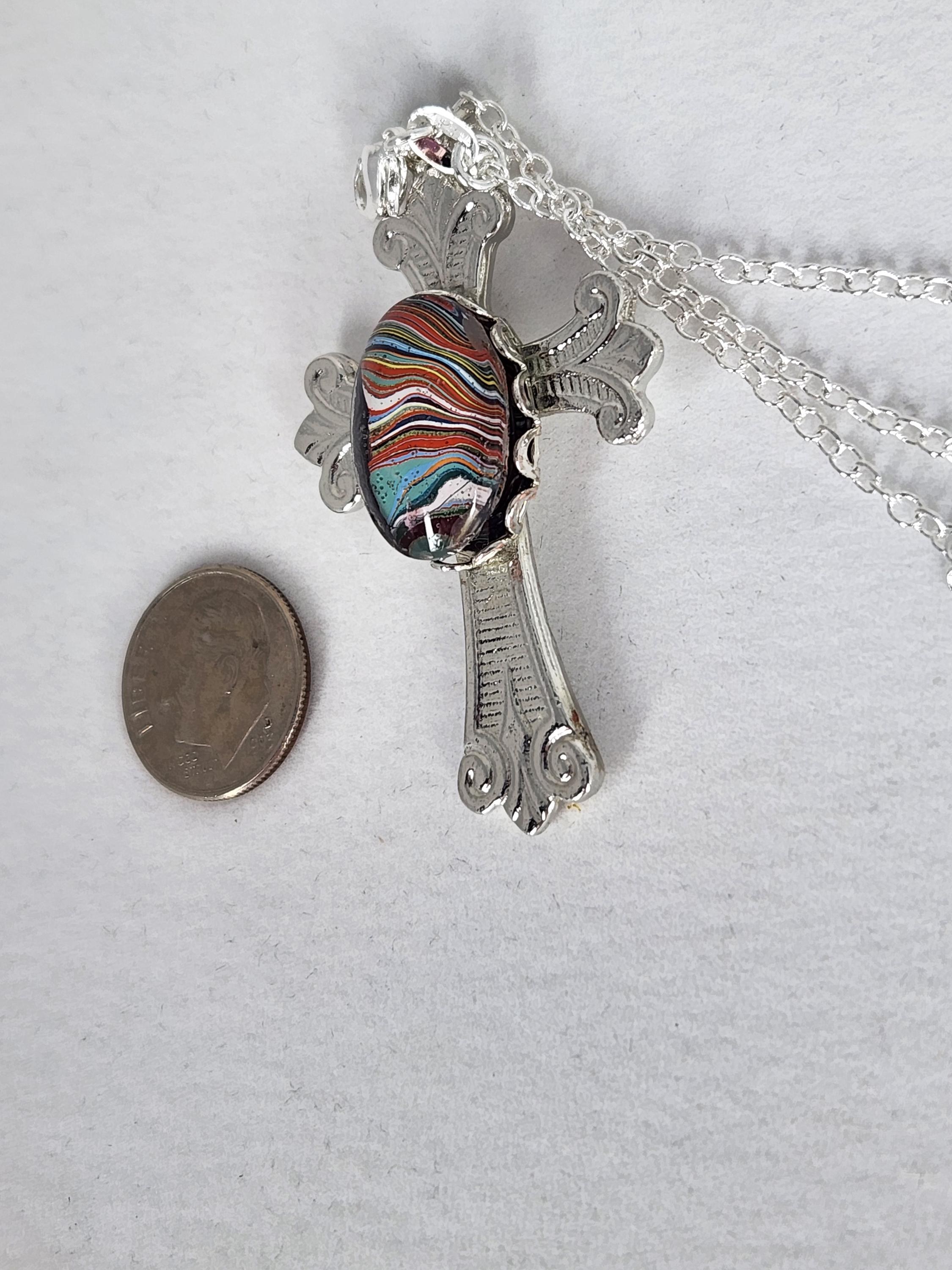 Fordite Cross: Chevy Bel Air Paint Cabochon, Silver Charm, Necklace, Pendant, view 3