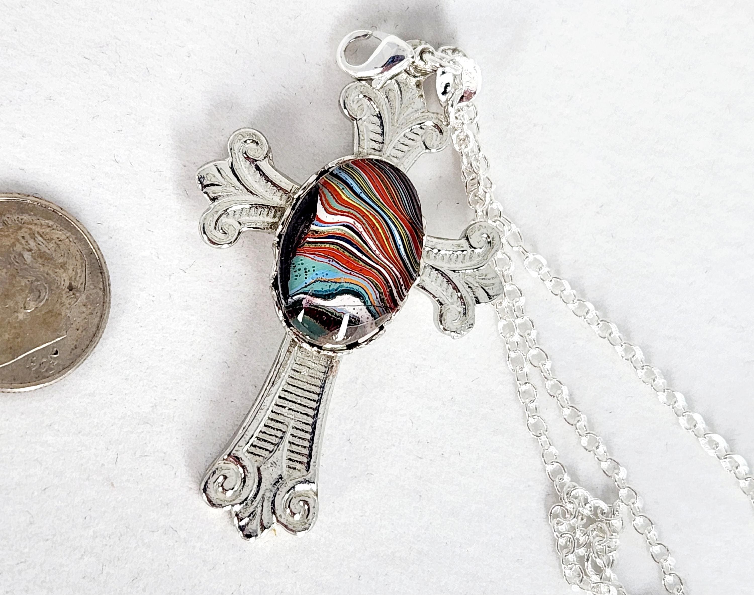 Fordite Cross: Chevy Bel Air Paint Cabochon, Silver Charm, Necklace, Pendant, view 4