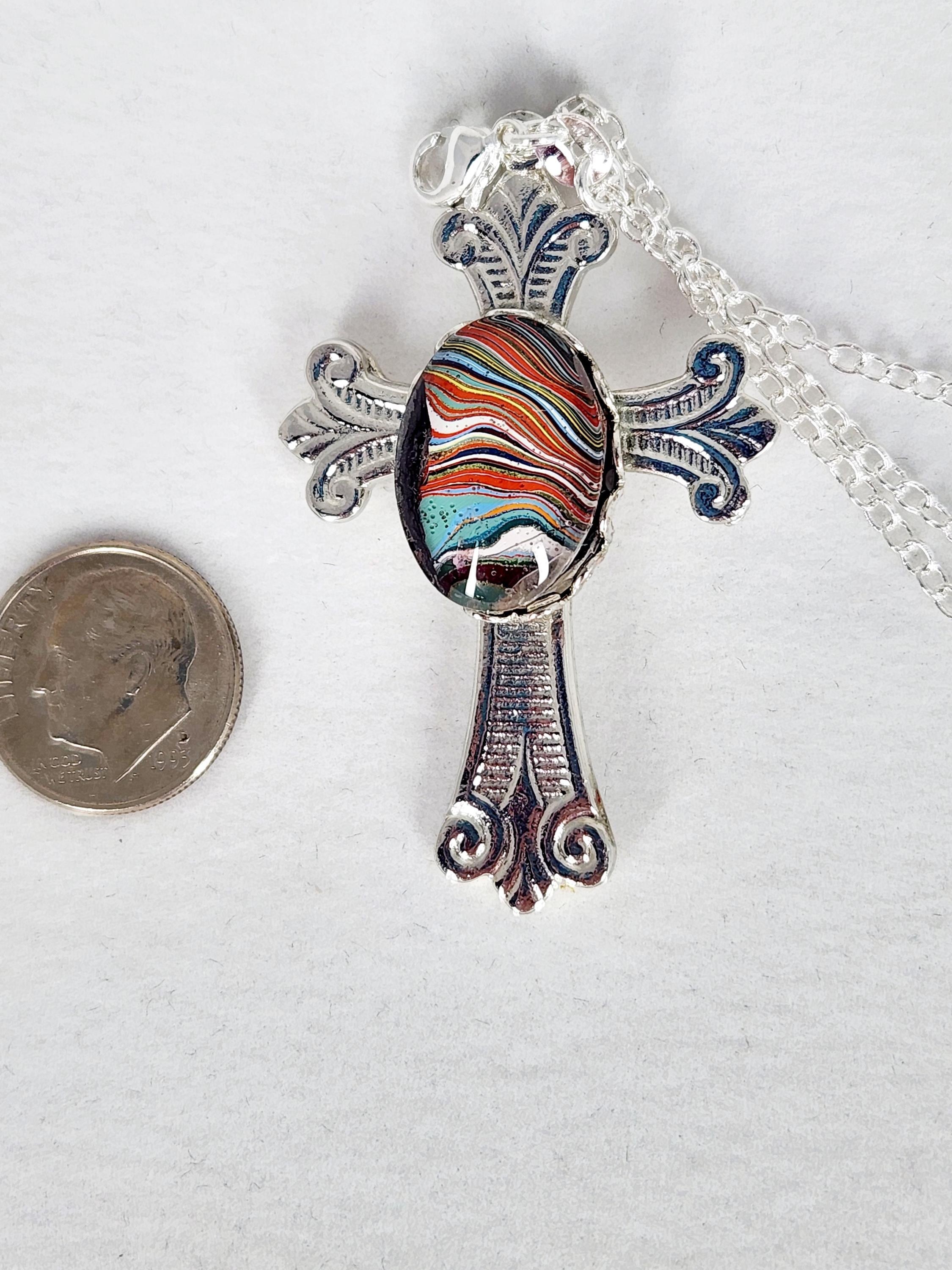Fordite Cross: Chevy Bel Air Paint Cabochon, Silver Charm, Necklace, Pendant, view 5