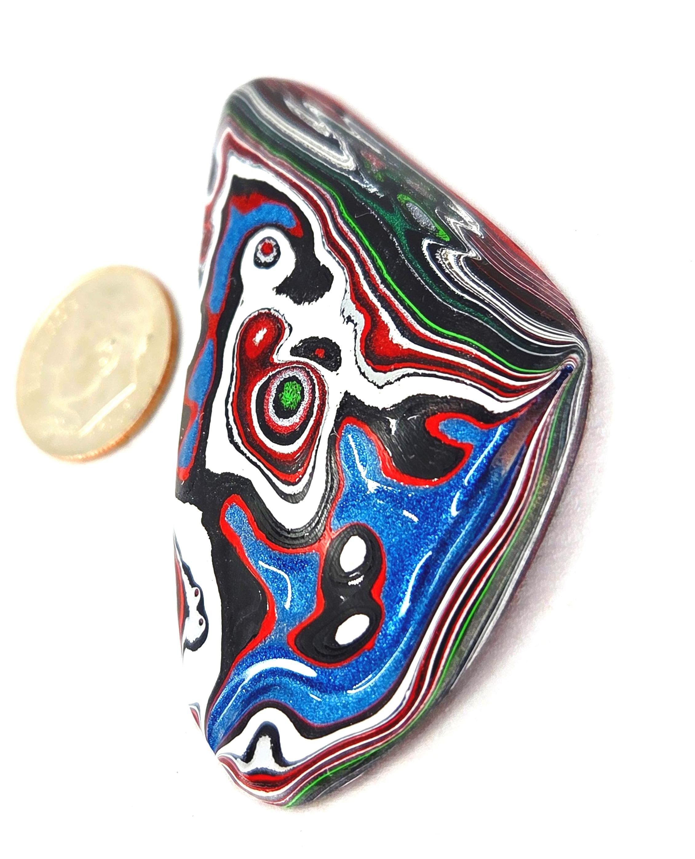 Kenworth Fordite Cabochon #2, Metallic Blue, Neon Green, Bulls Eye Layers (Jewelry Making) Handmade, view 4