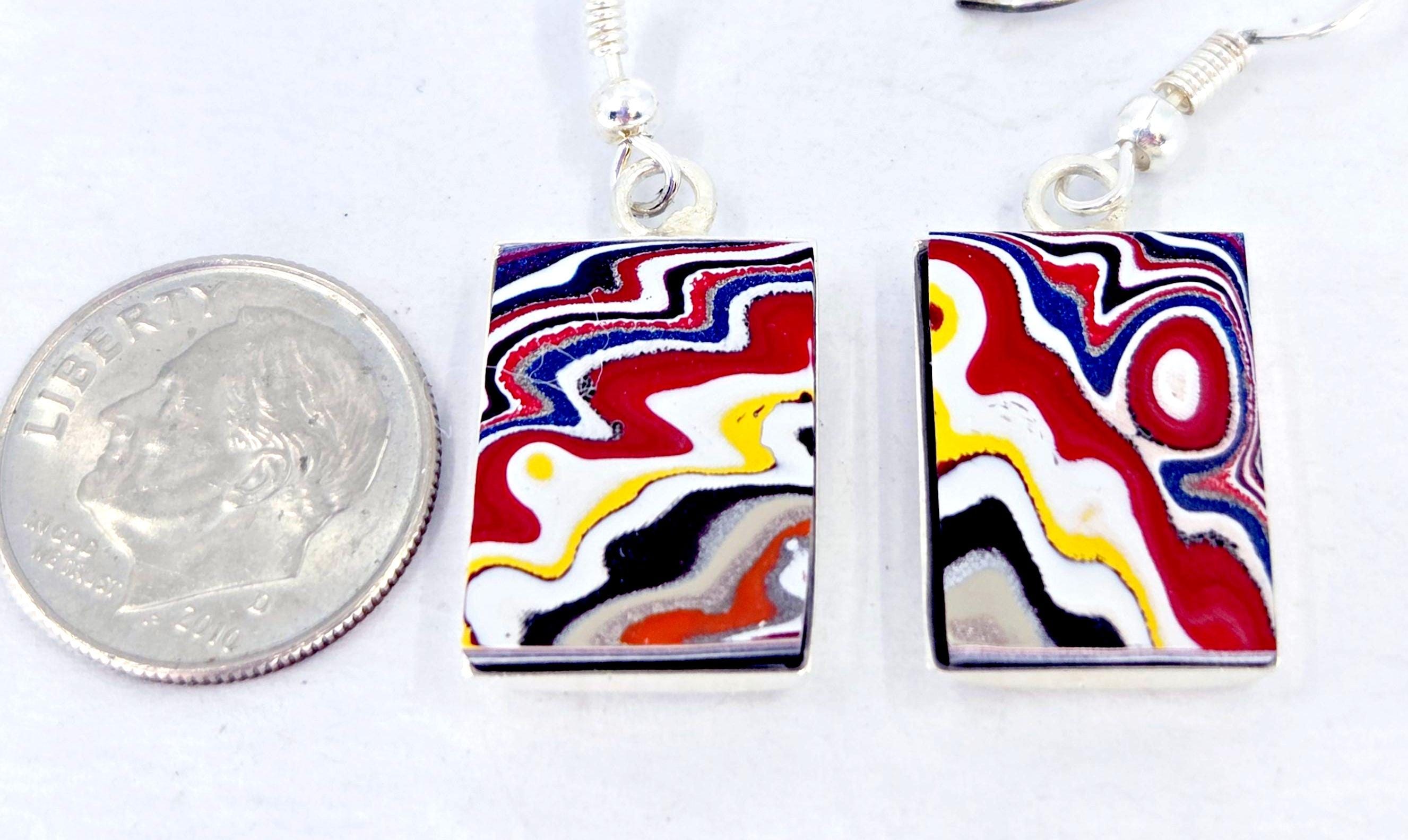 Fordite Earrings, Rectangular, Dangle, Brilliant 1970s Colors, Silver Bezels