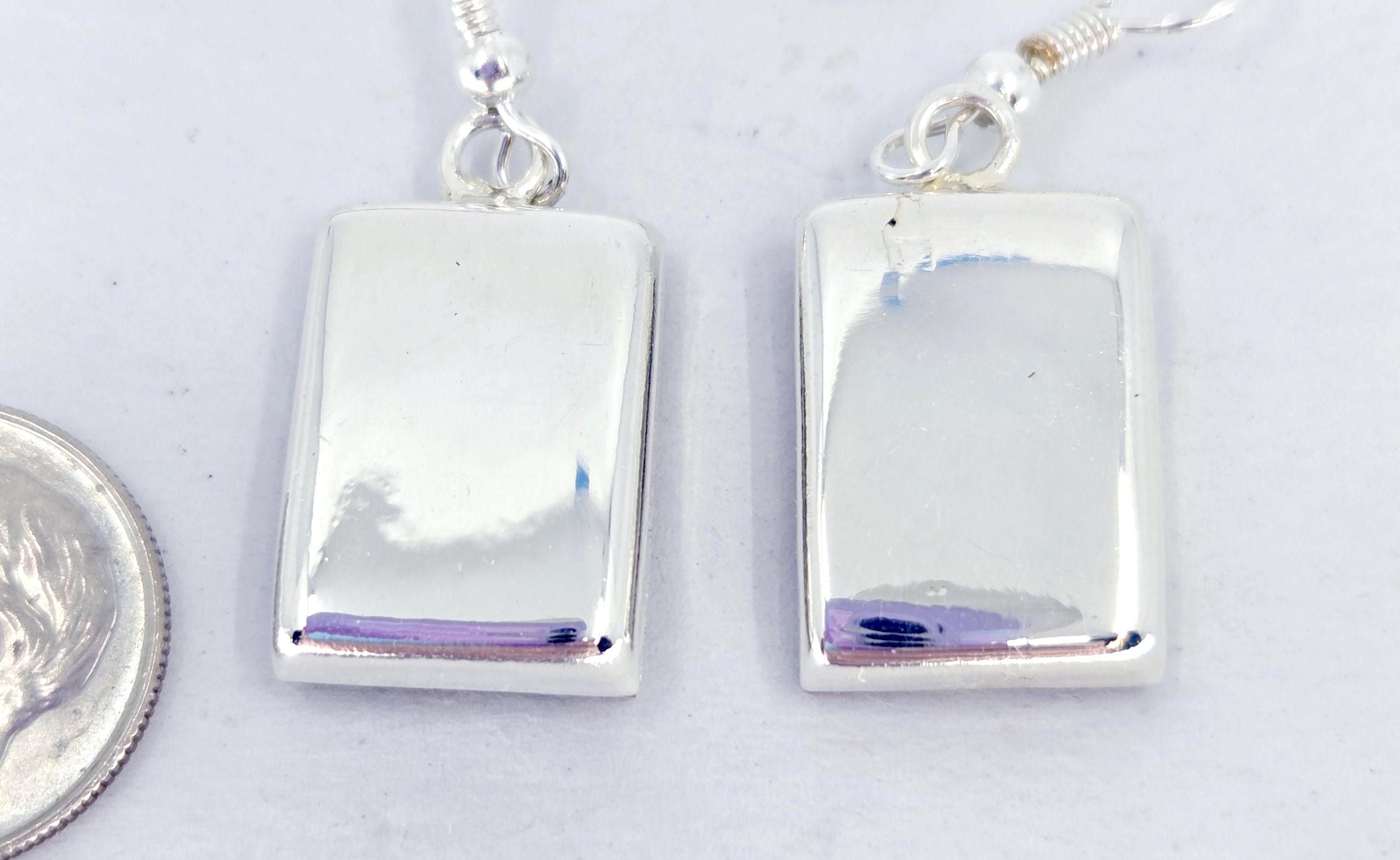 Fordite Earrings, Rectangular, Dangle, Brilliant 1970s Colors, Silver Bezels, view 2