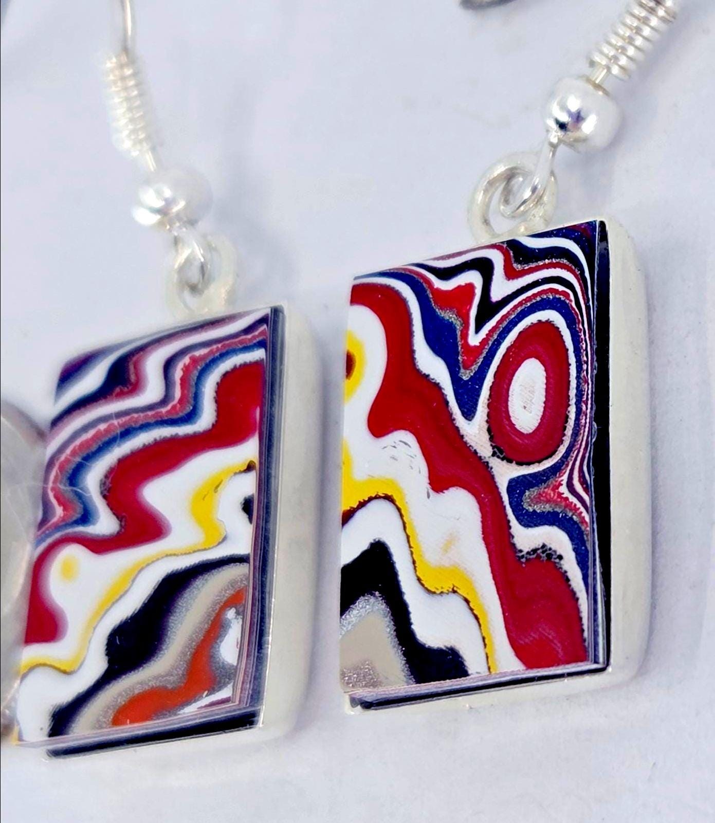 Fordite Earrings, Rectangular, Dangle, Brilliant 1970s Colors, Silver Bezels, view 3