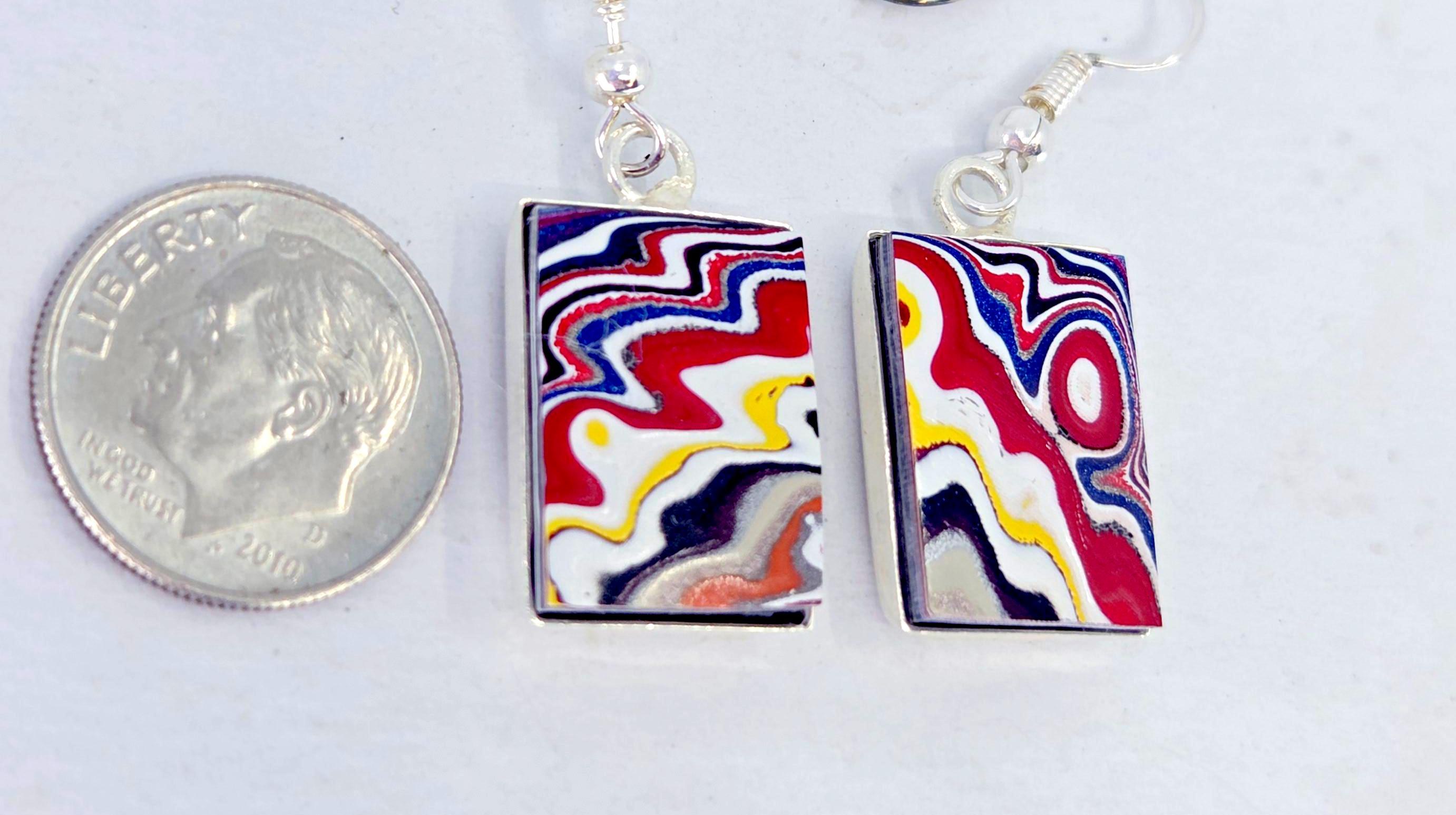 Fordite Earrings, Rectangular, Dangle, Brilliant 1970s Colors, Silver Bezels, view 4
