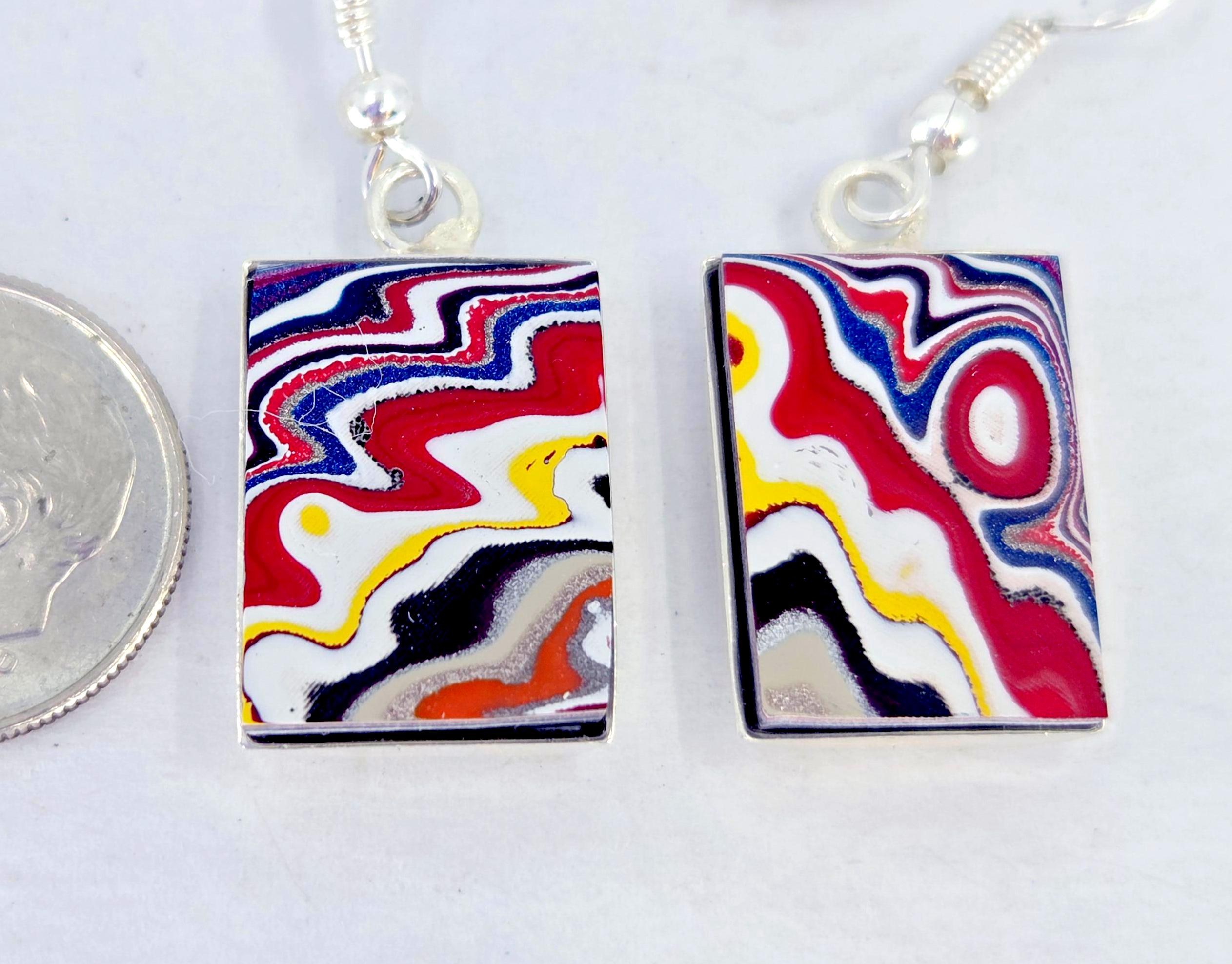 Fordite Earrings, Rectangular, Dangle, Brilliant 1970s Colors, Silver Bezels, view 5