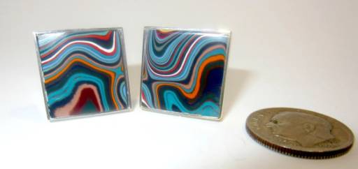 Pair of square Fordite cufflinks with colorful paint layers