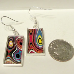 Pair of Corvette Fordite dangle earrings with colourful layered automotive paint