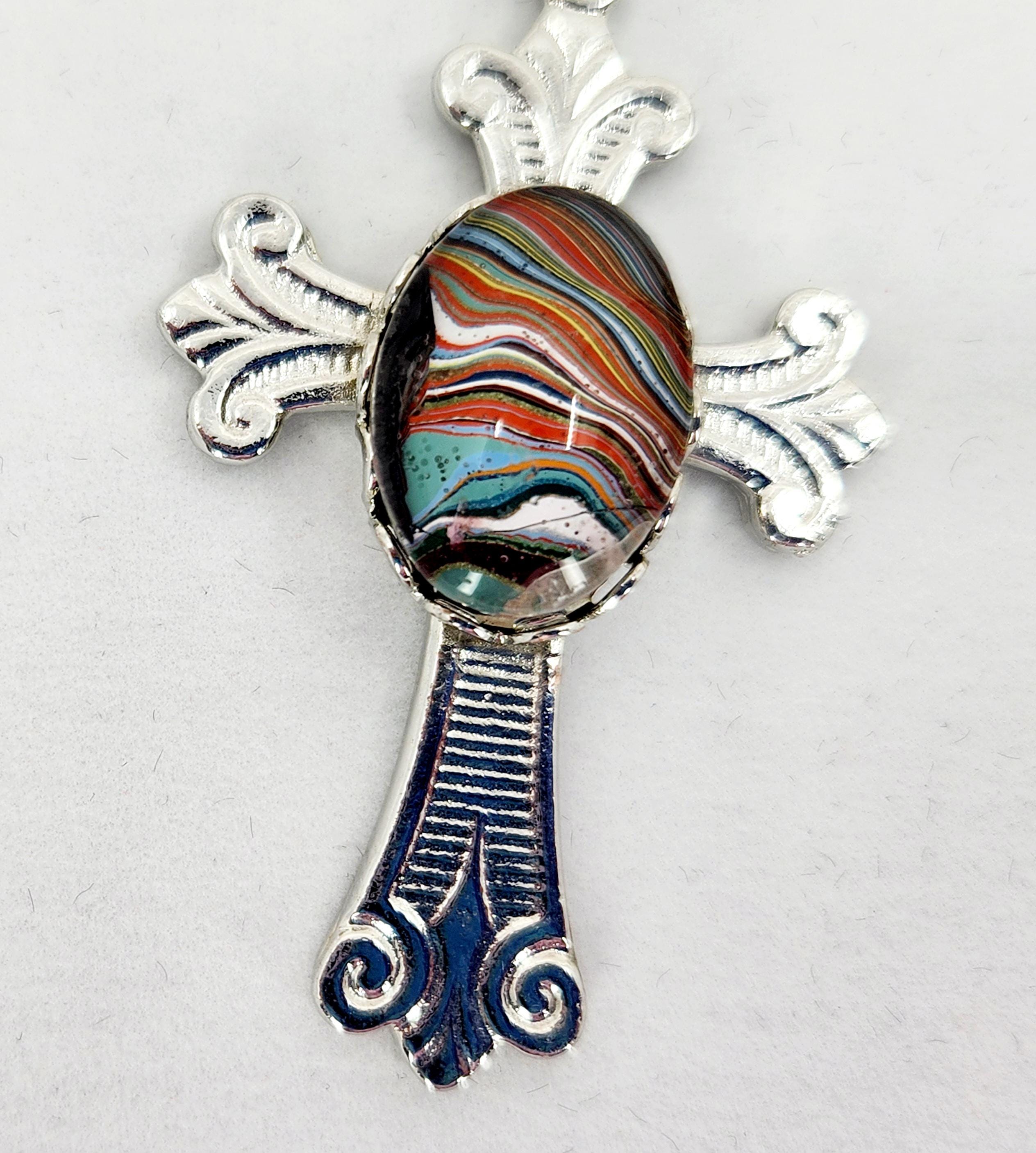 Fordite Cross: Chevy Bel Air Paint Cabochon, Silver Charm, Necklace, Pendant