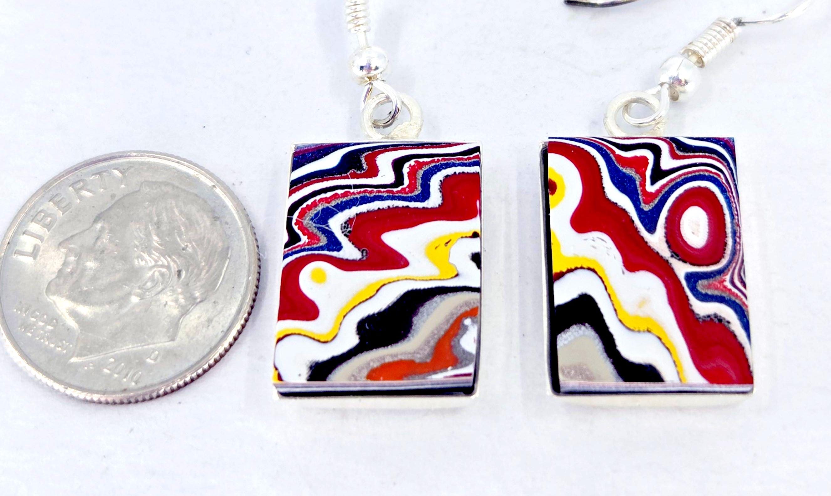 Fordite Earrings, Rectangular, Dangle, Brilliant 1970s Colors, Silver Bezels