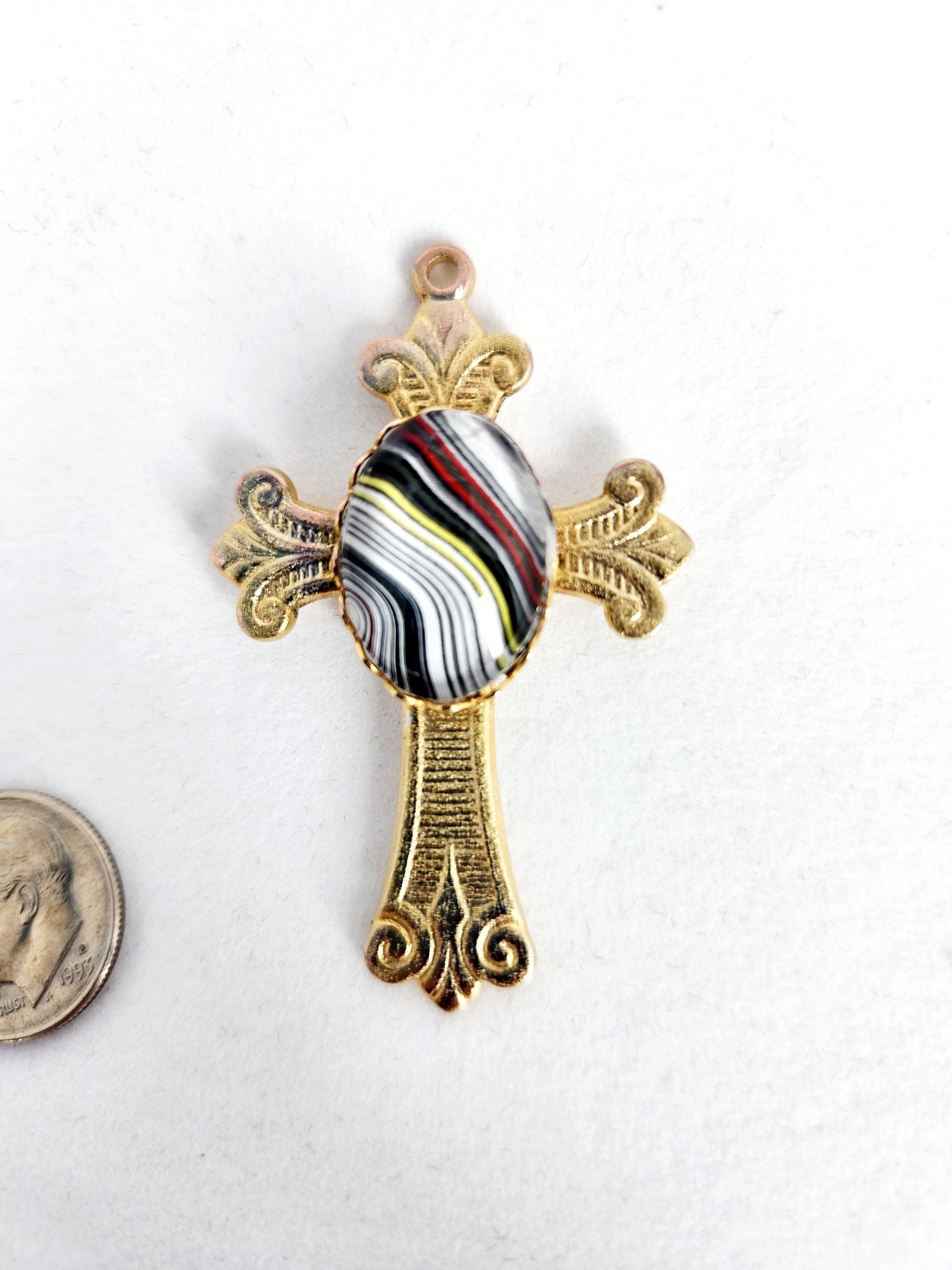 Fordite Gold Cross Pendant with Cabochon, Necklace, Pendant, Religious Gift