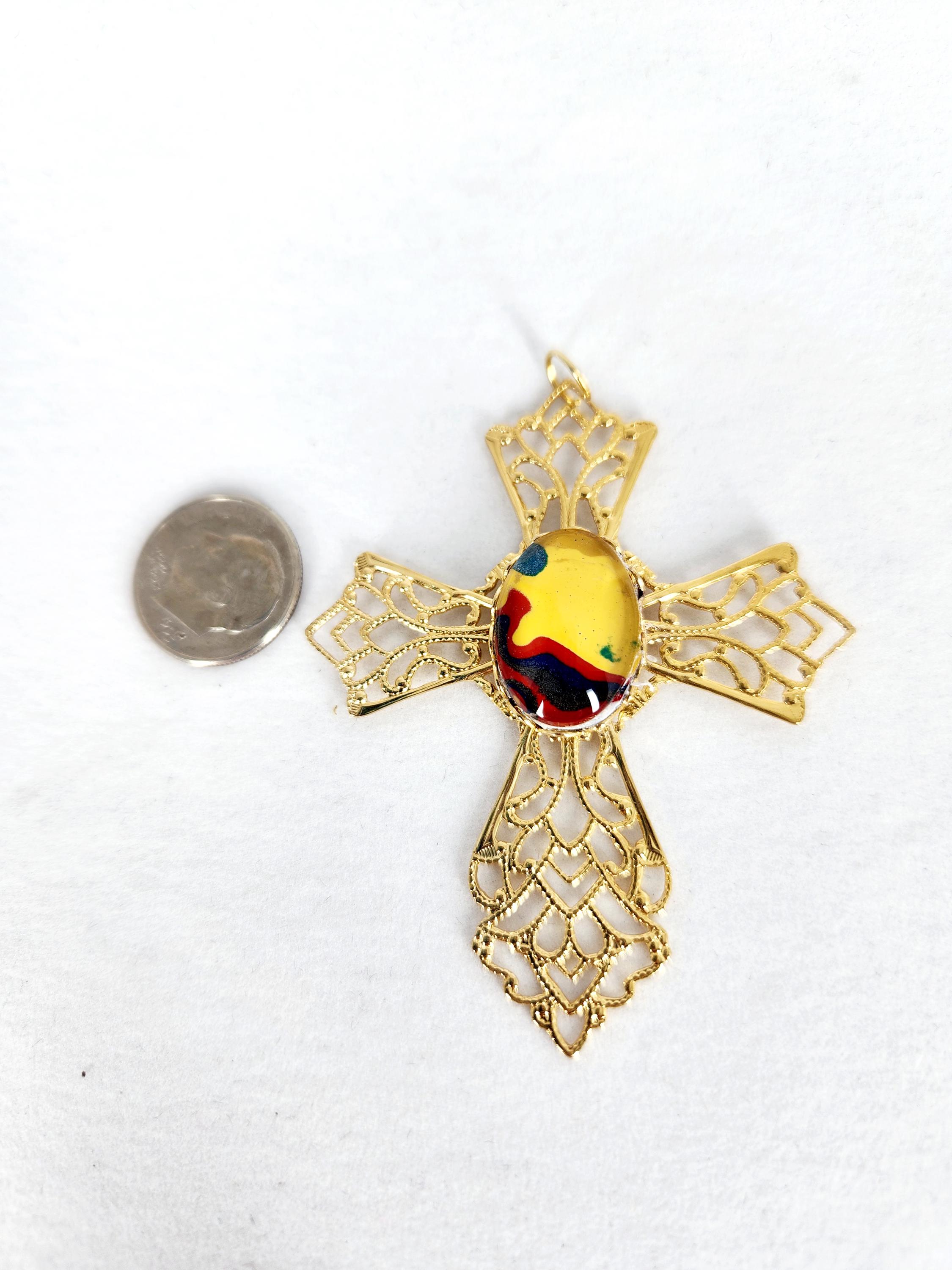 Fordite Gold Cross with Cabochon: Religious Jewelry, Necklace, Pendant, Religious Gift