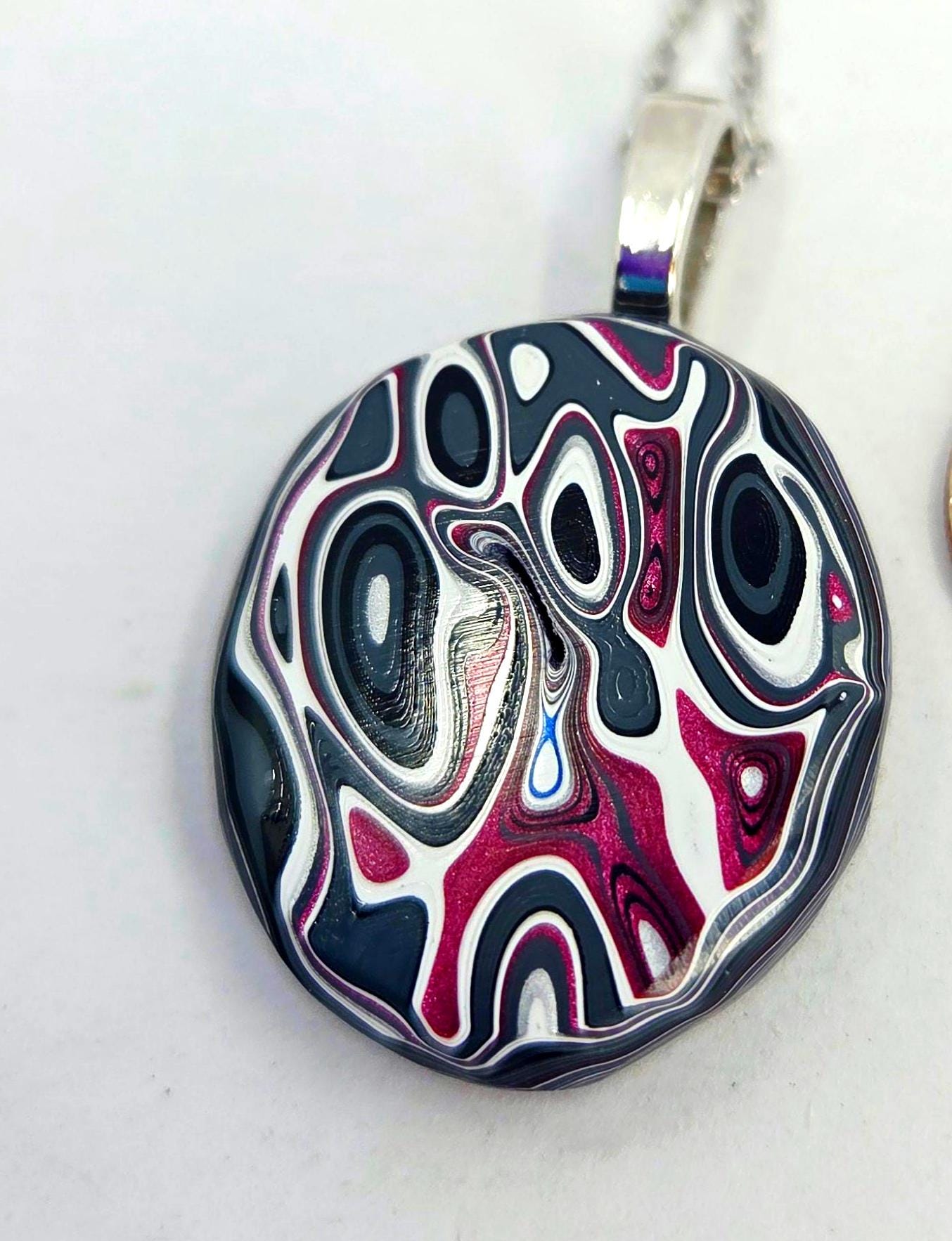 Fordite Pendant: Magenta, Black, White, Silver, Gray
