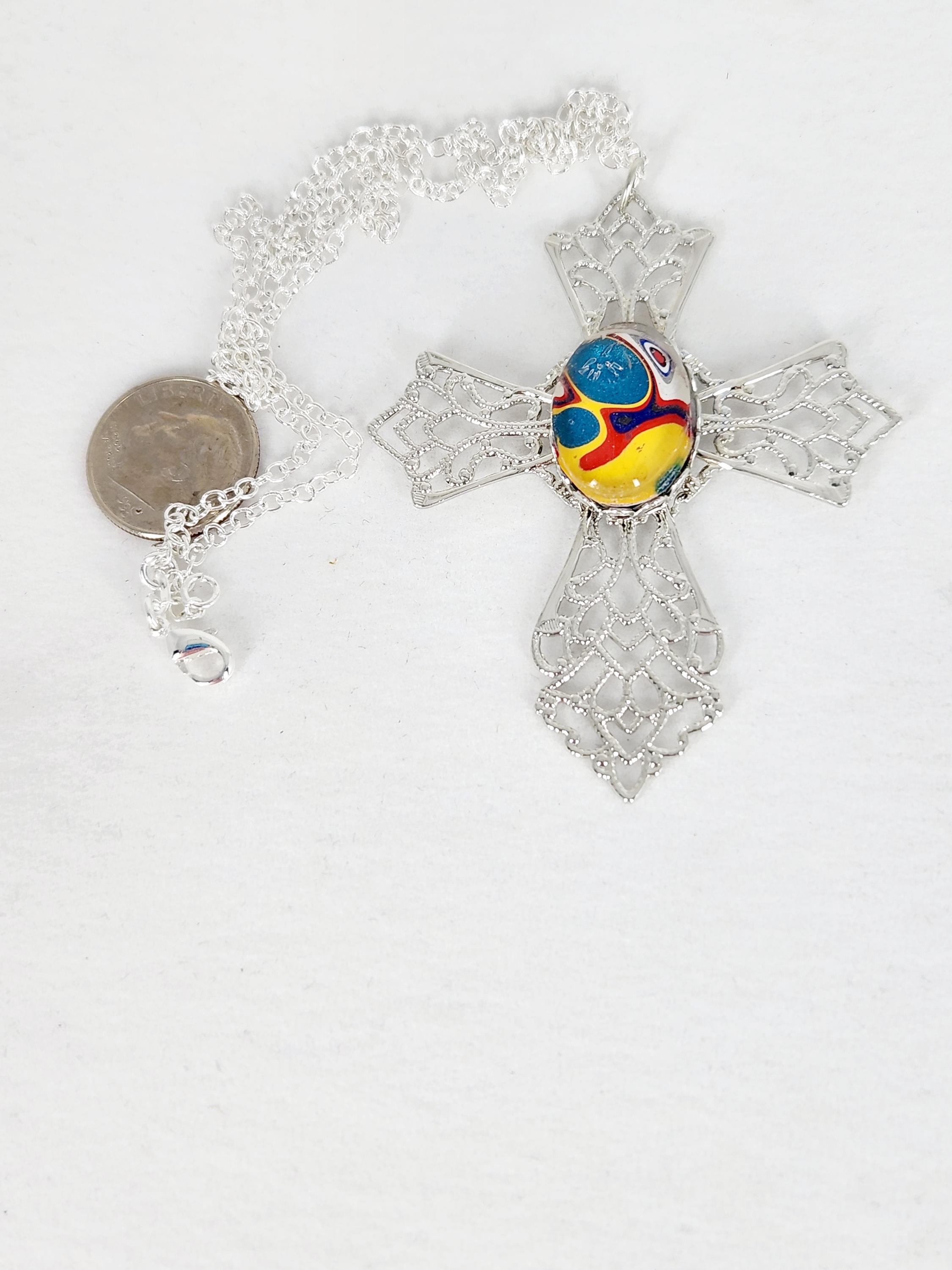 Fordite Silver Tone Cross Cabochon, Necklace, Pendant, Religious Gift