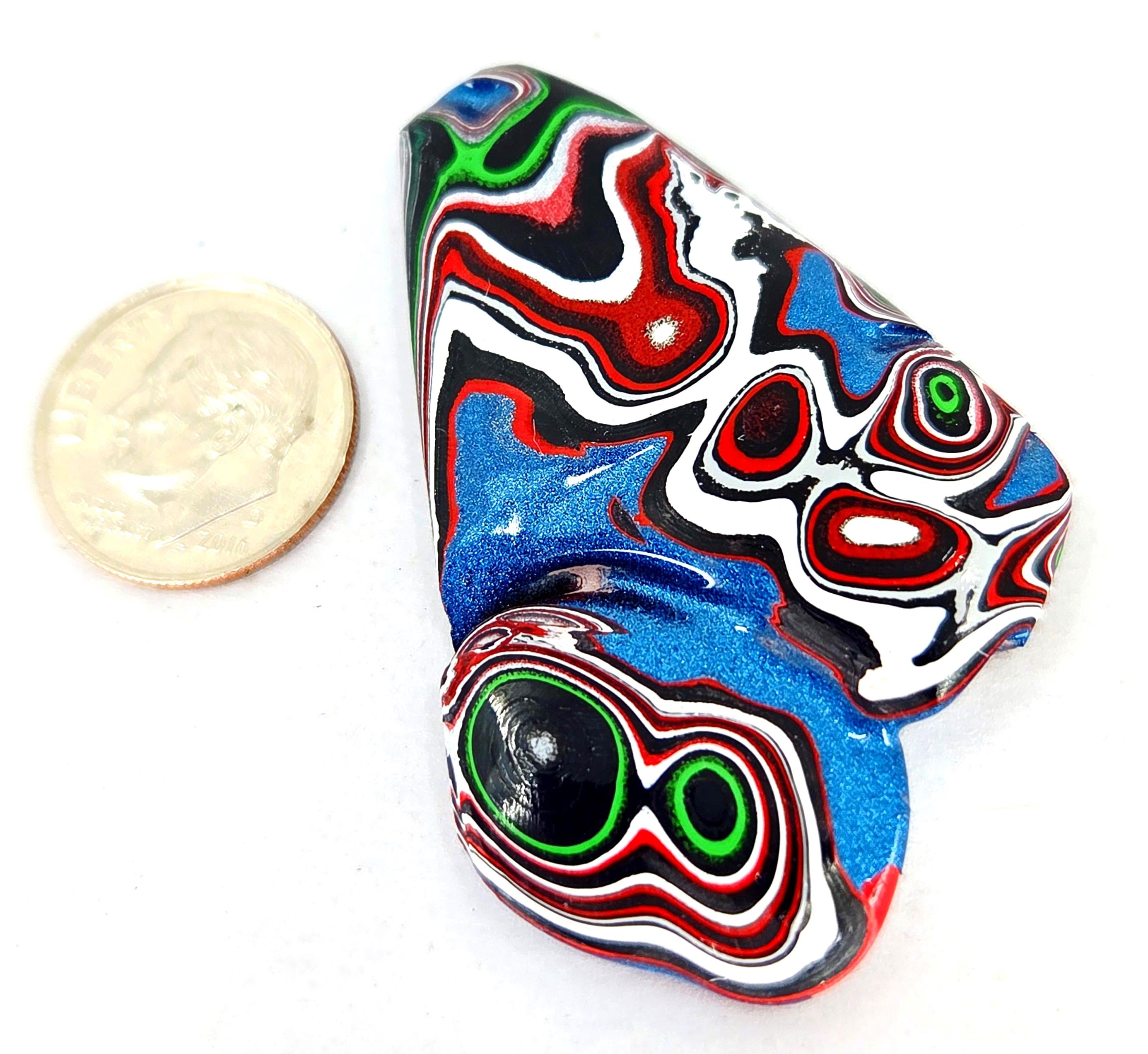 Kenworth Fordite Cabochon #1, Metallic Blue, Neon Green, Visible Layers, Jewelry Making